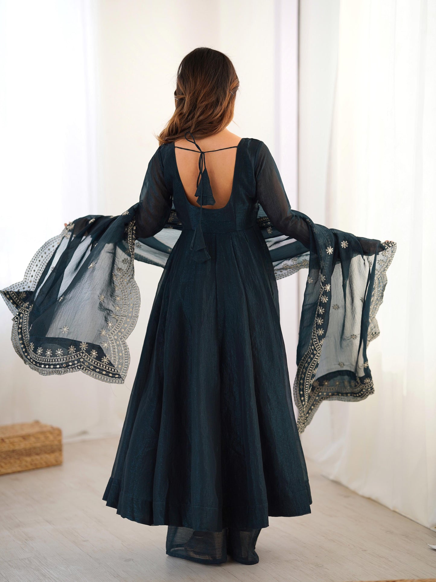 Fandy Silk Full Sleeve Gown with Embroidered Sequence Work Dupatta