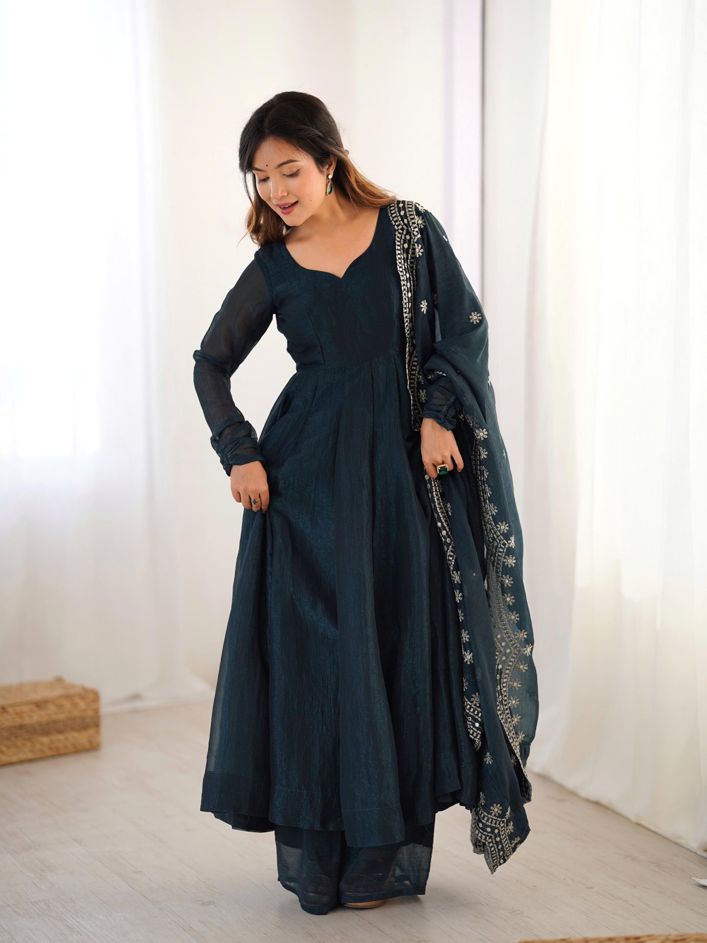 Fandy Silk Full Sleeve Gown with Embroidered Sequence Work Dupatta