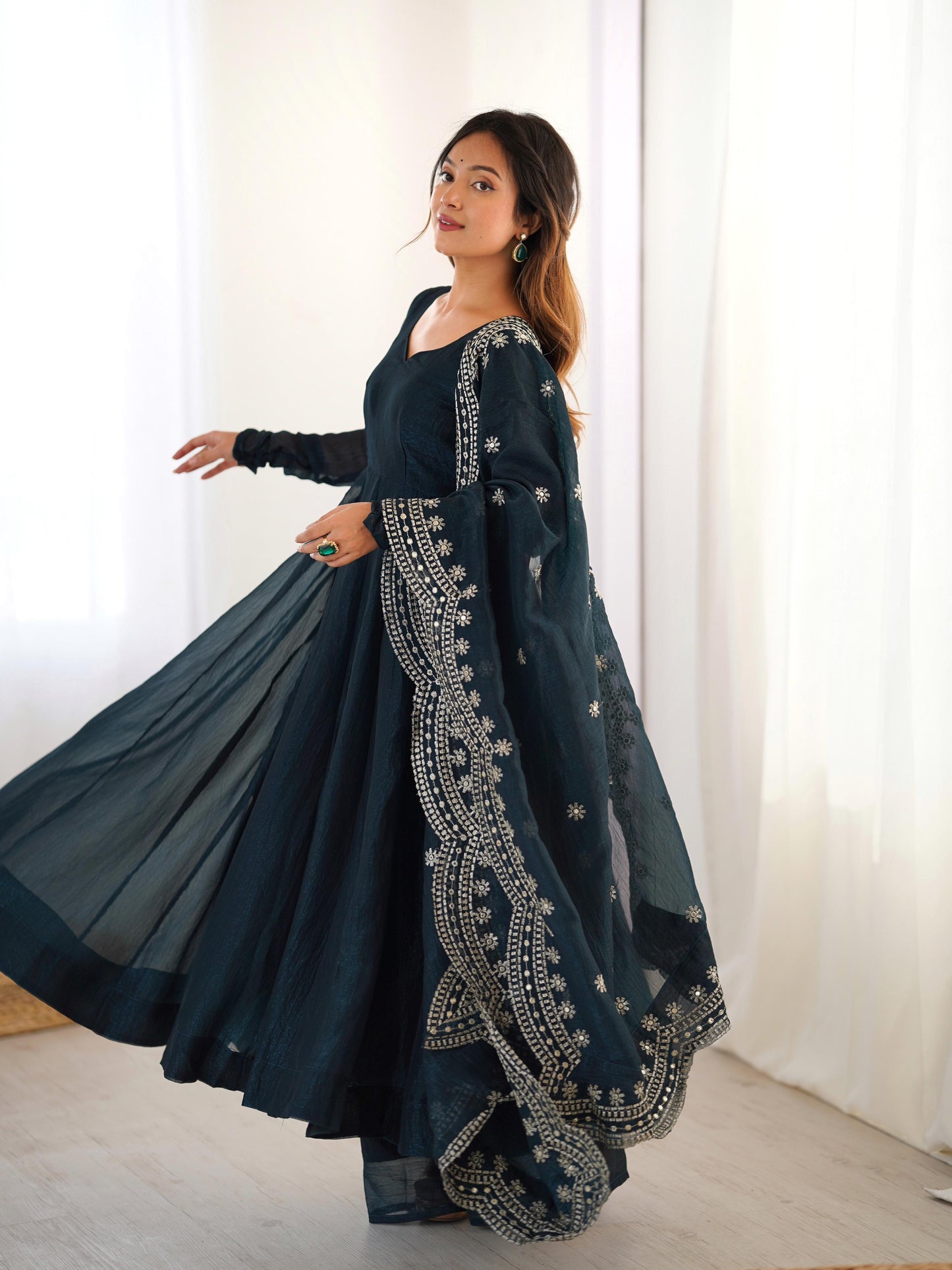 Fandy Silk Full Sleeve Gown with Embroidered Sequence Work Dupatta