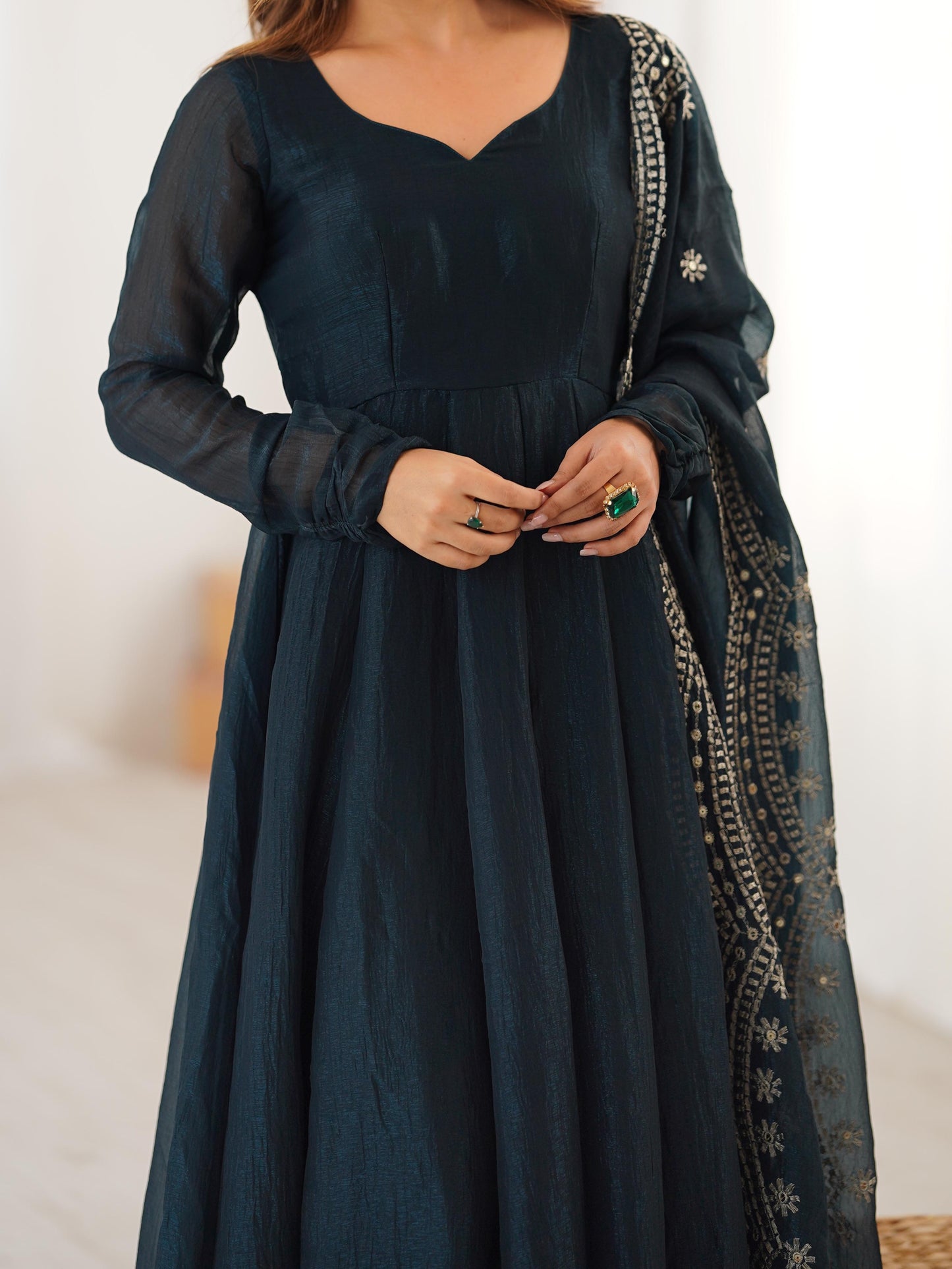 Fandy Silk Full Sleeve Gown with Embroidered Sequence Work Dupatta