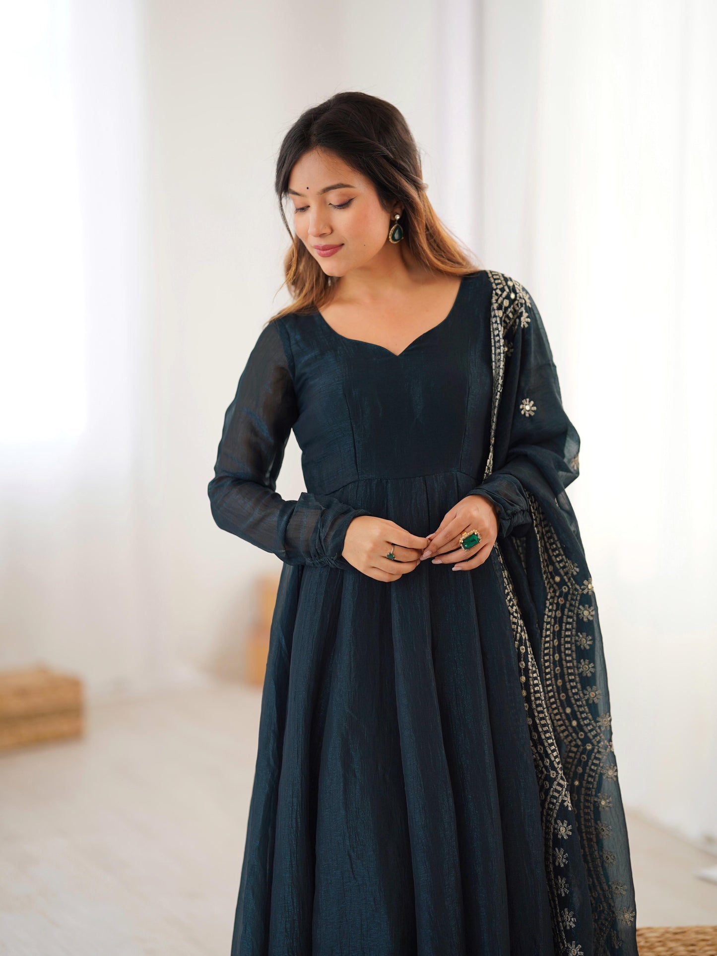 Fandy Silk Full Sleeve Gown with Embroidered Sequence Work Dupatta