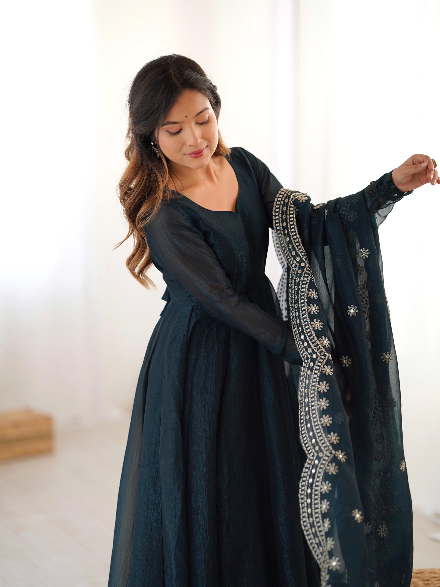 Fandy Silk Full Sleeve Gown with Embroidered Sequence Work Dupatta