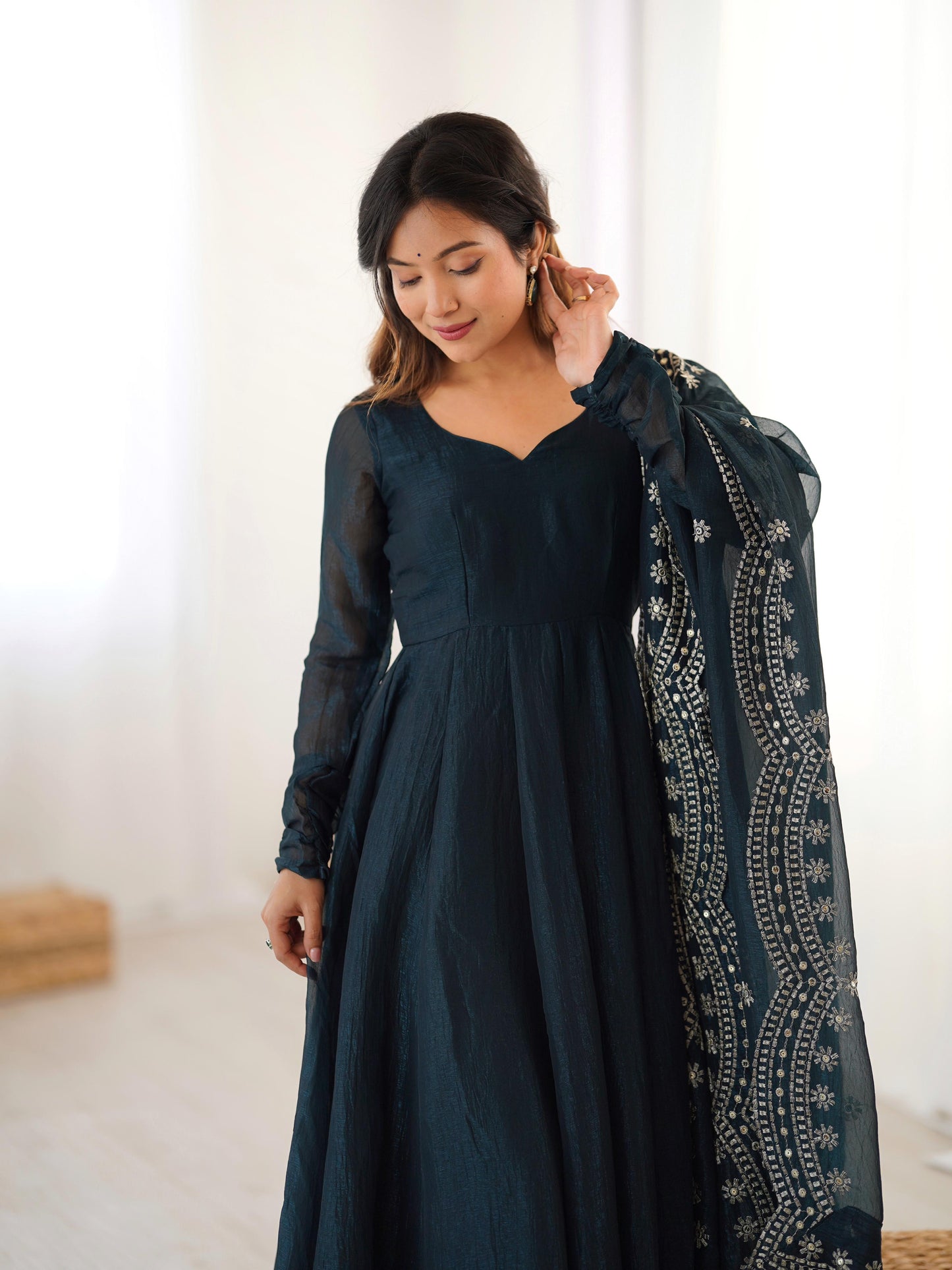 Fandy Silk Full Sleeve Gown with Embroidered Sequence Work Dupatta