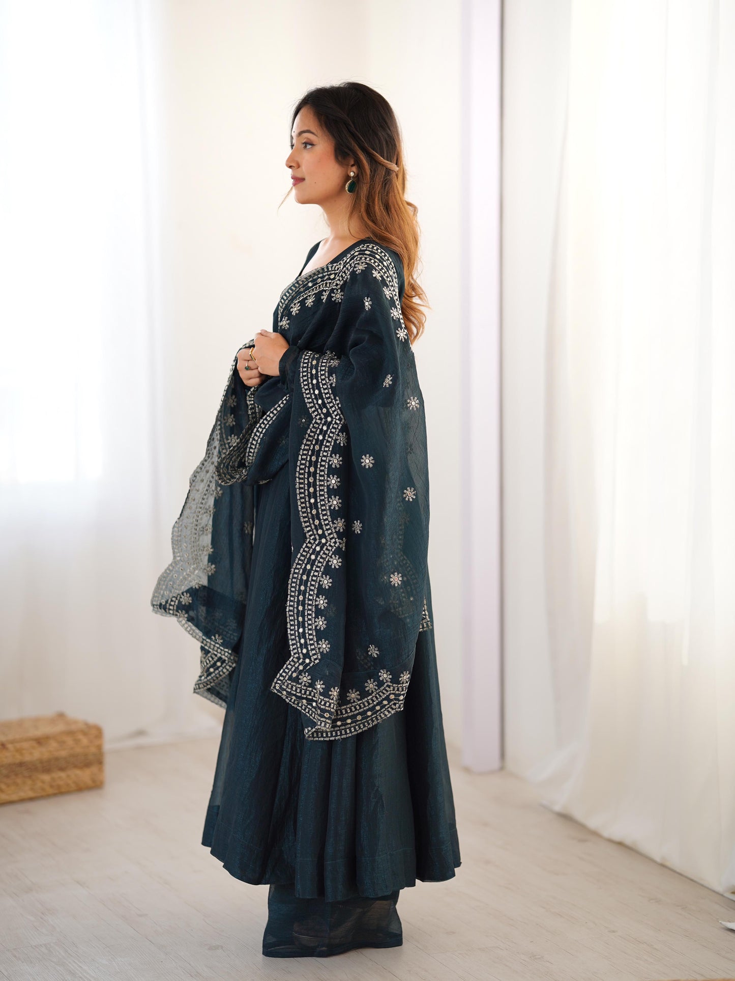 Fandy Silk Full Sleeve Gown with Embroidered Sequence Work Dupatta