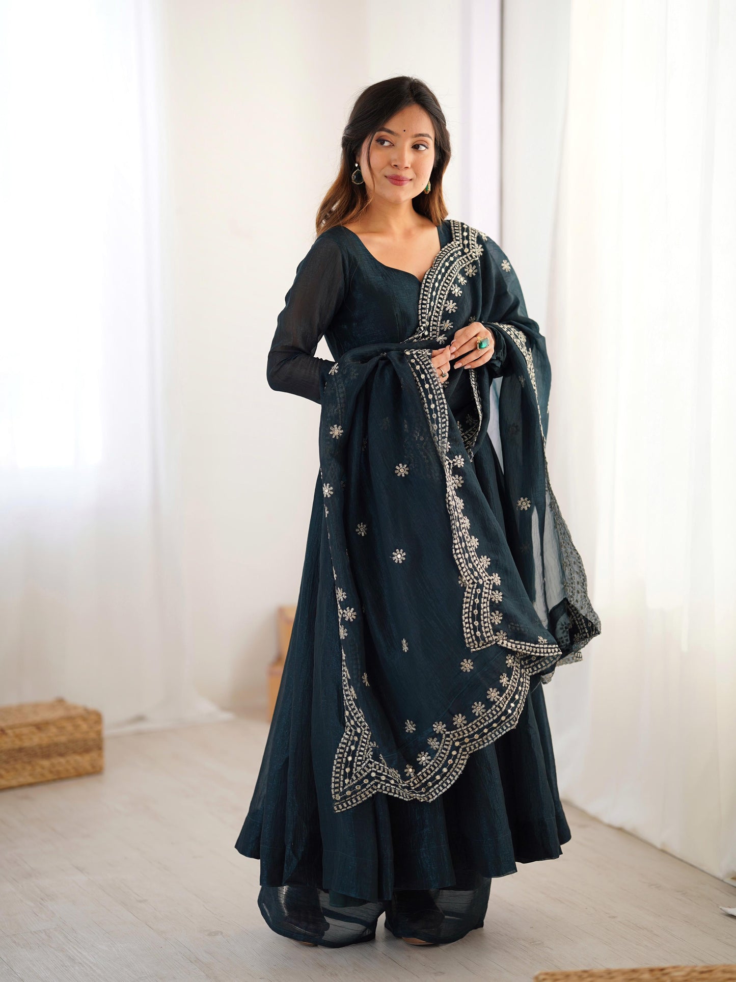 Fandy Silk Full Sleeve Gown with Embroidered Sequence Work Dupatta
