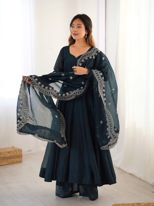 Fandy Silk Full Sleeve Gown with Embroidered Sequence Work Dupatta
