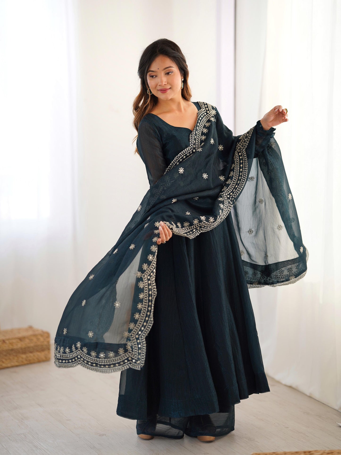 Fandy Silk Full Sleeve Gown with Embroidered Sequence Work Dupatta