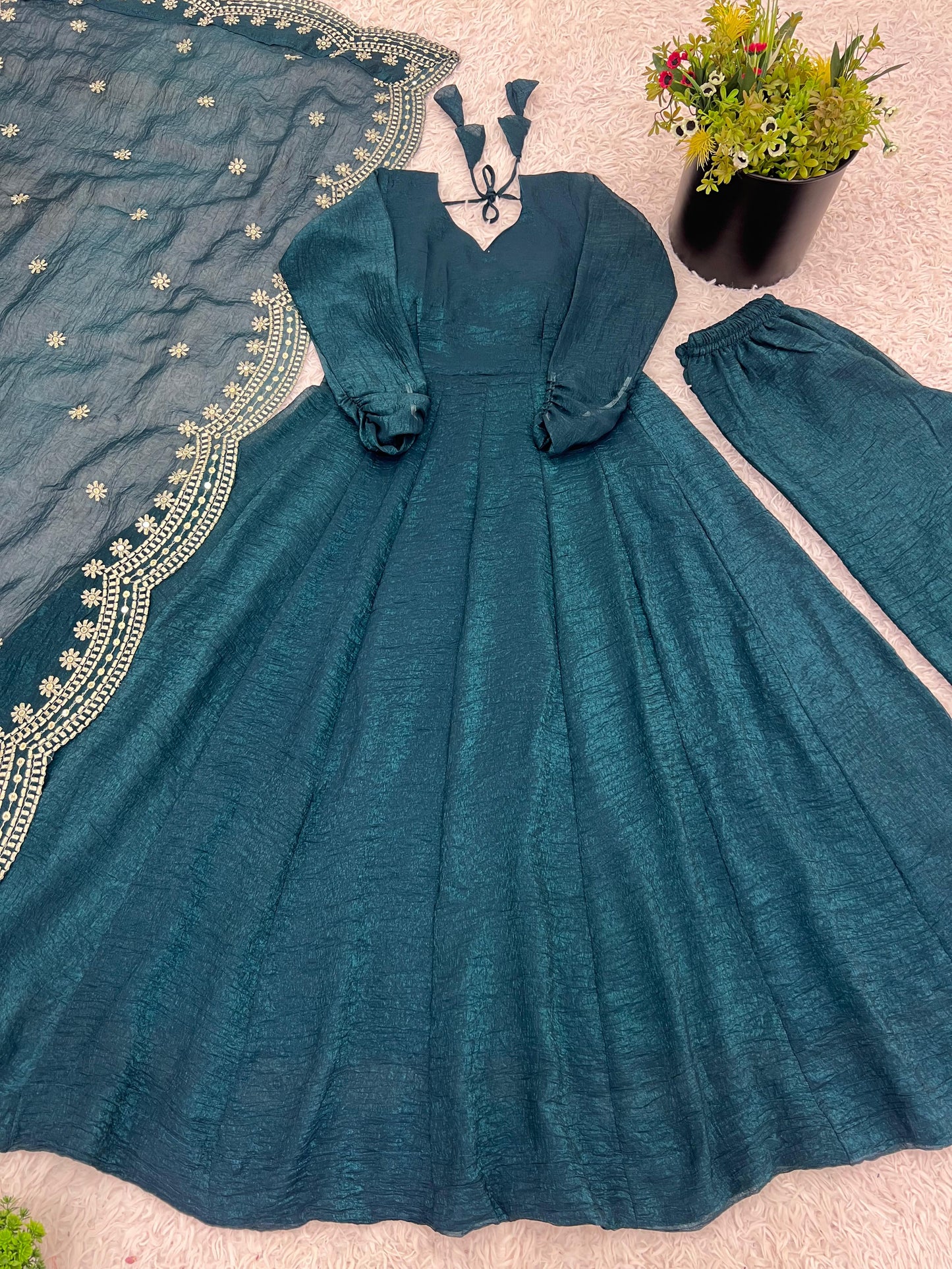 Fandy Silk Full Sleeve Gown with Embroidered Sequence Work Dupatta