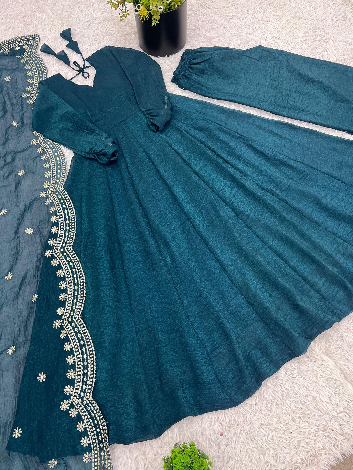 Fandy Silk Full Sleeve Gown with Embroidered Sequence Work Dupatta