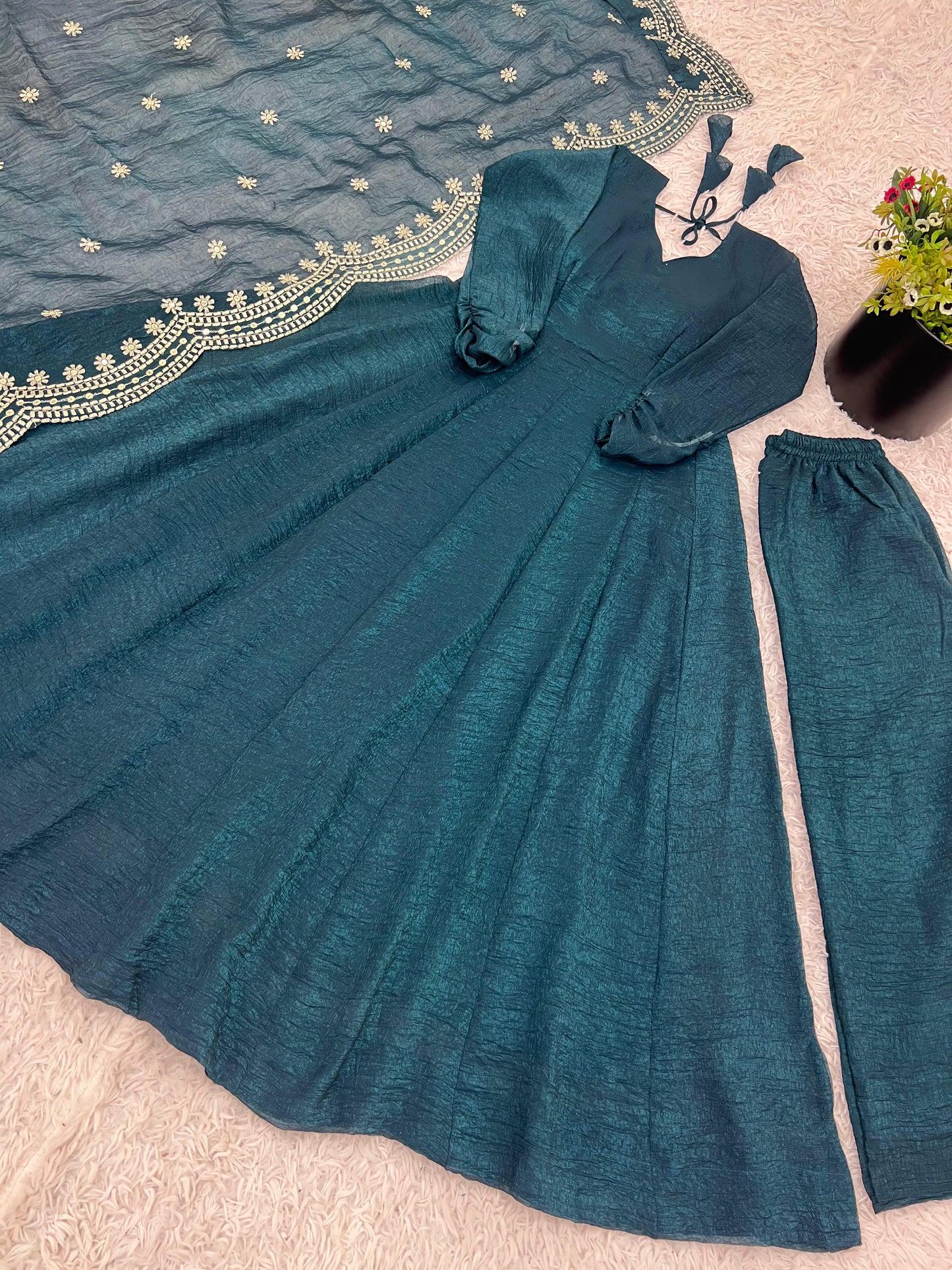 Fandy Silk Full Sleeve Gown with Embroidered Sequence Work Dupatta