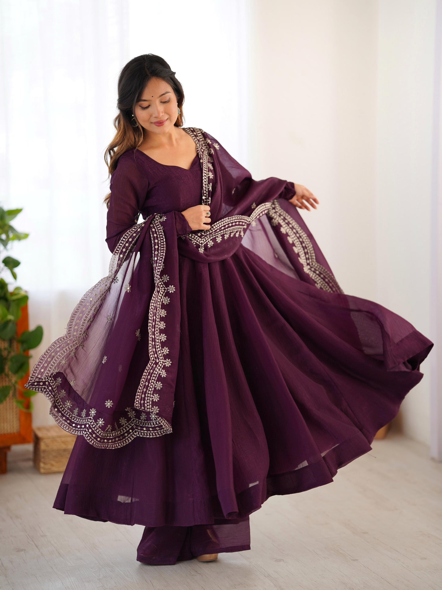 Fandy Silk Full Sleeve Gown with Embroidered Sequence Work Dupatta