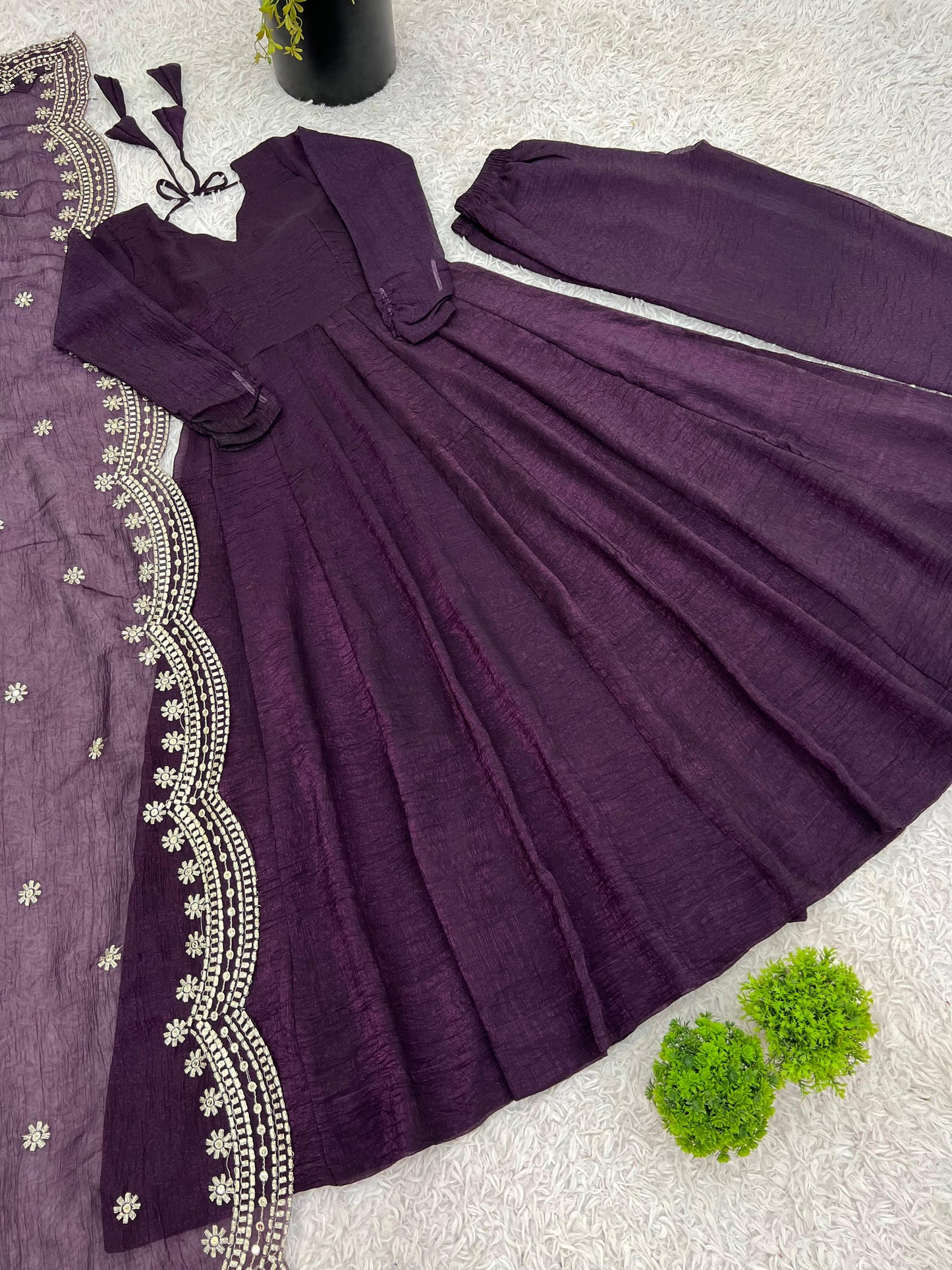 Fandy Silk Full Sleeve Gown with Embroidered Sequence Work Dupatta