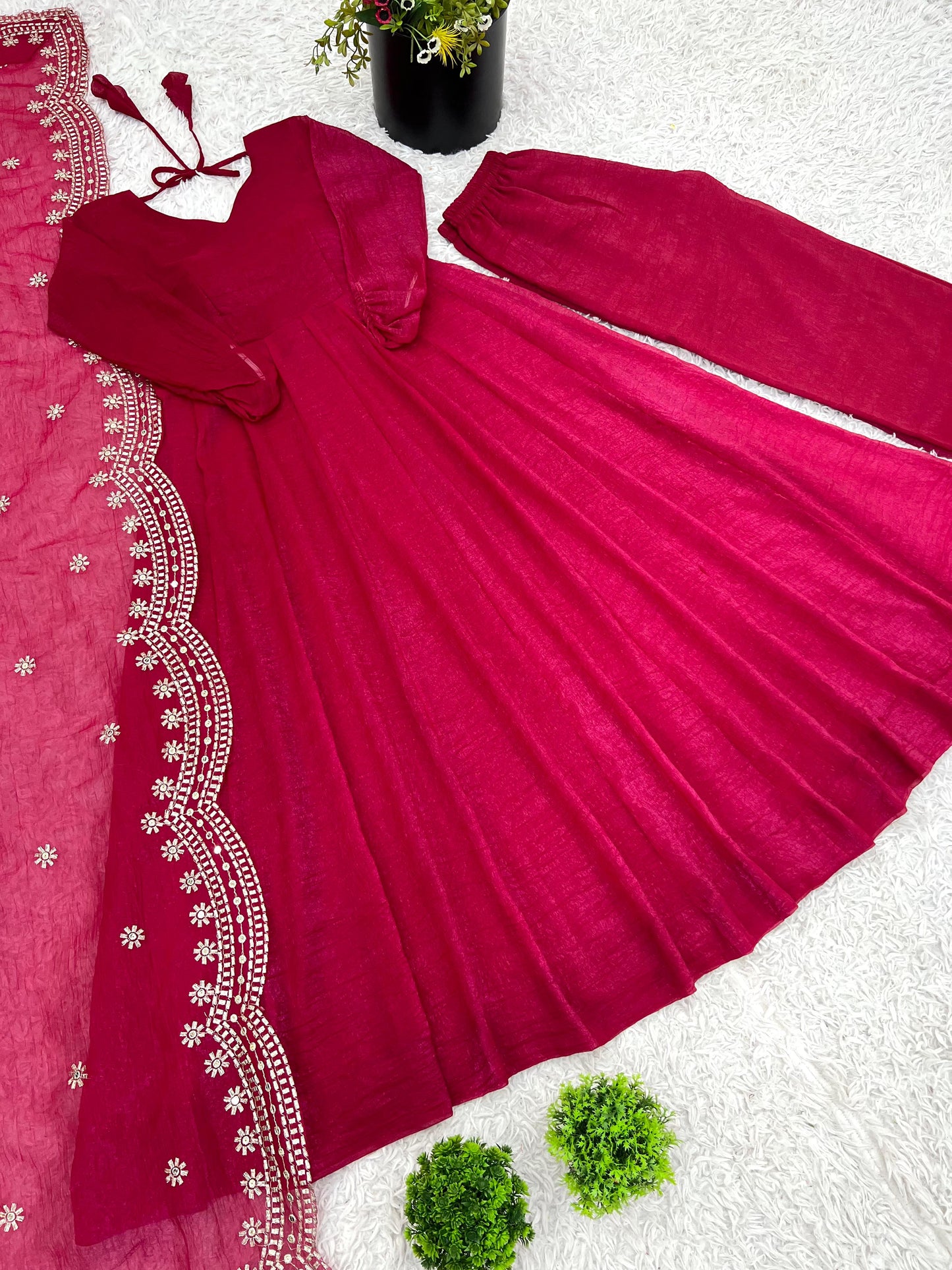 Fandy Silk Full Sleeve Gown with Embroidered Sequence Work Dupatta
