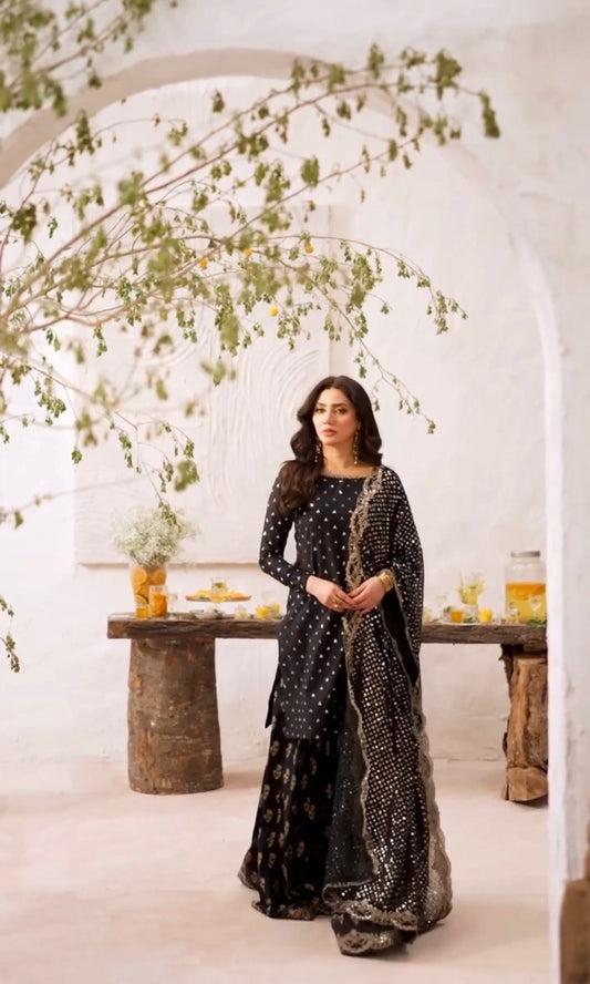 Heavy Faux Georgette With  Embroidery Sequence Work With Full Sleeve & Fully Flair Plazzo