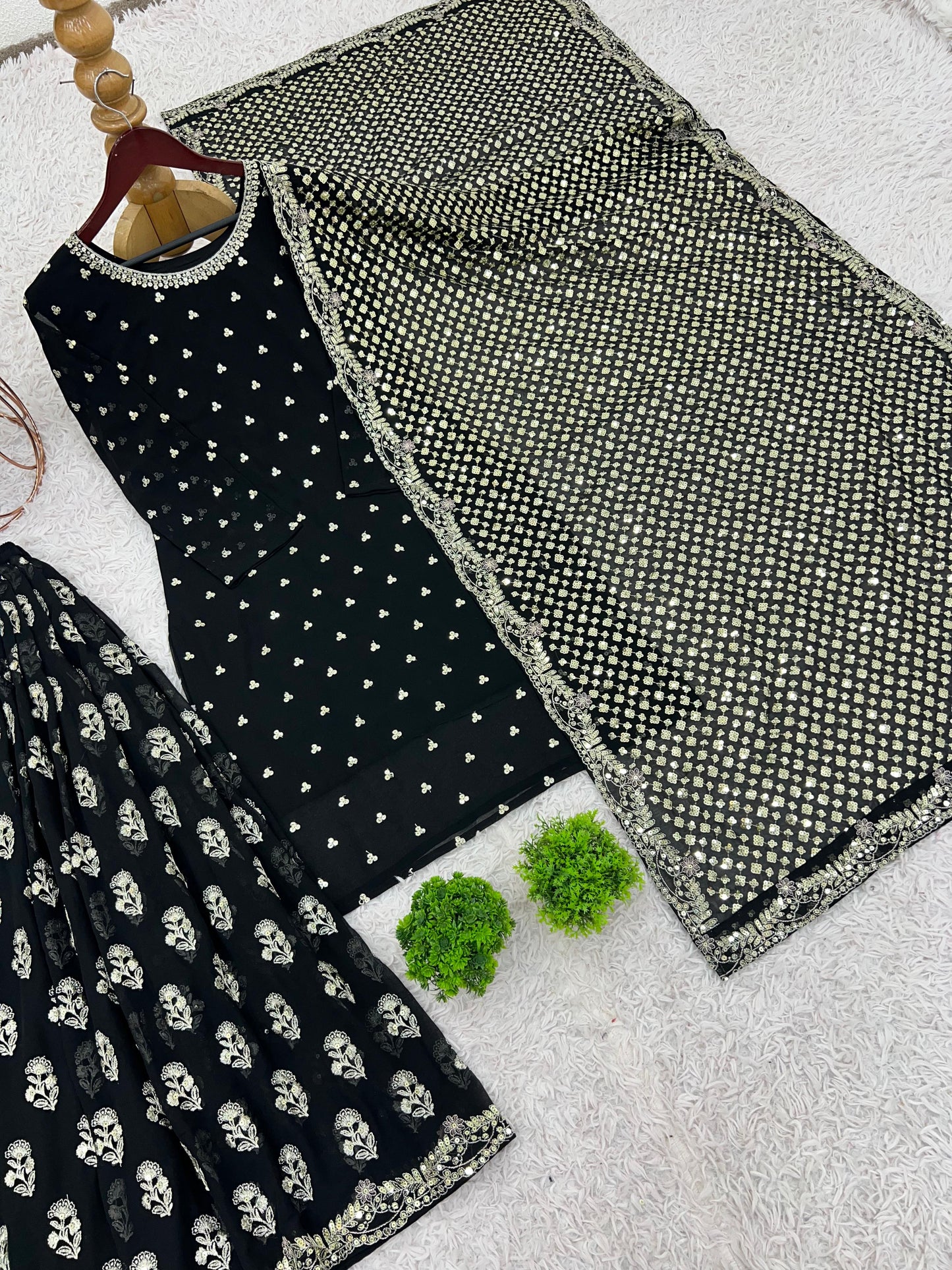 Heavy Faux Georgette With  Embroidery Sequence Work With Full Sleeve & Fully Flair Plazzo