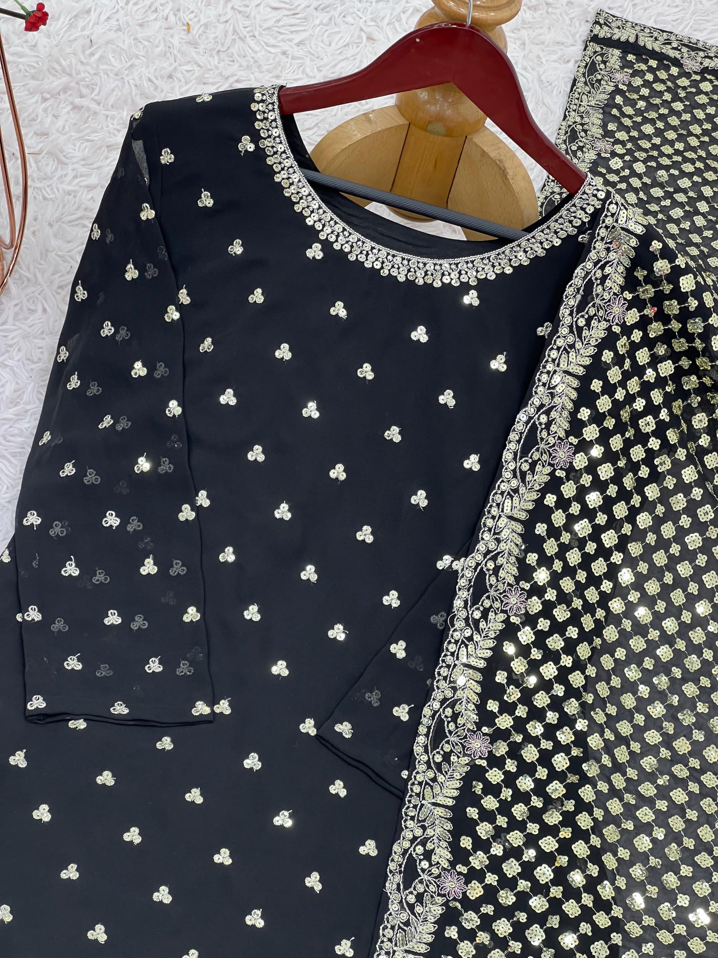 Heavy Faux Georgette With  Embroidery Sequence Work With Full Sleeve & Fully Flair Plazzo