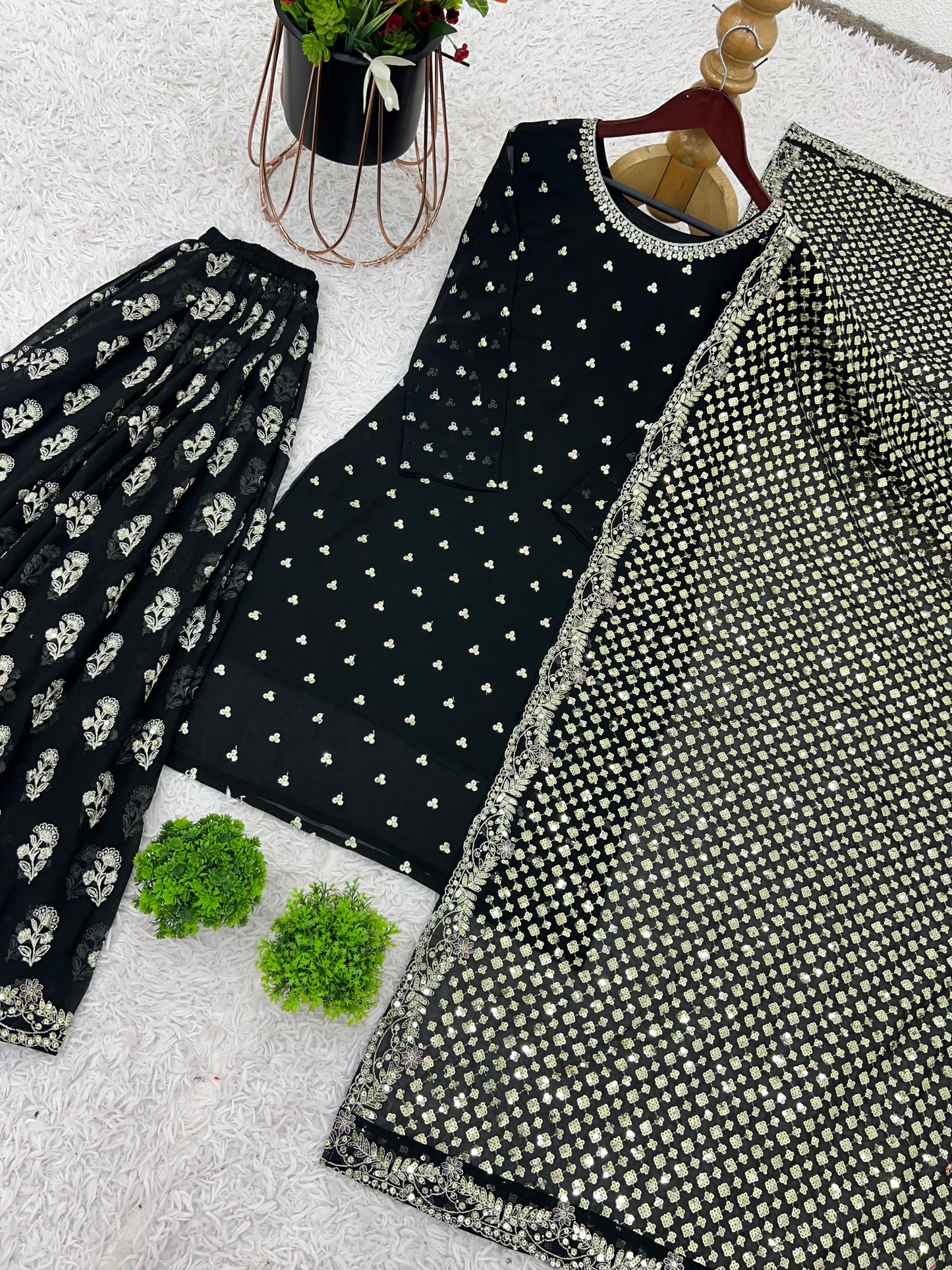Heavy Faux Georgette With  Embroidery Sequence Work With Full Sleeve & Fully Flair Plazzo
