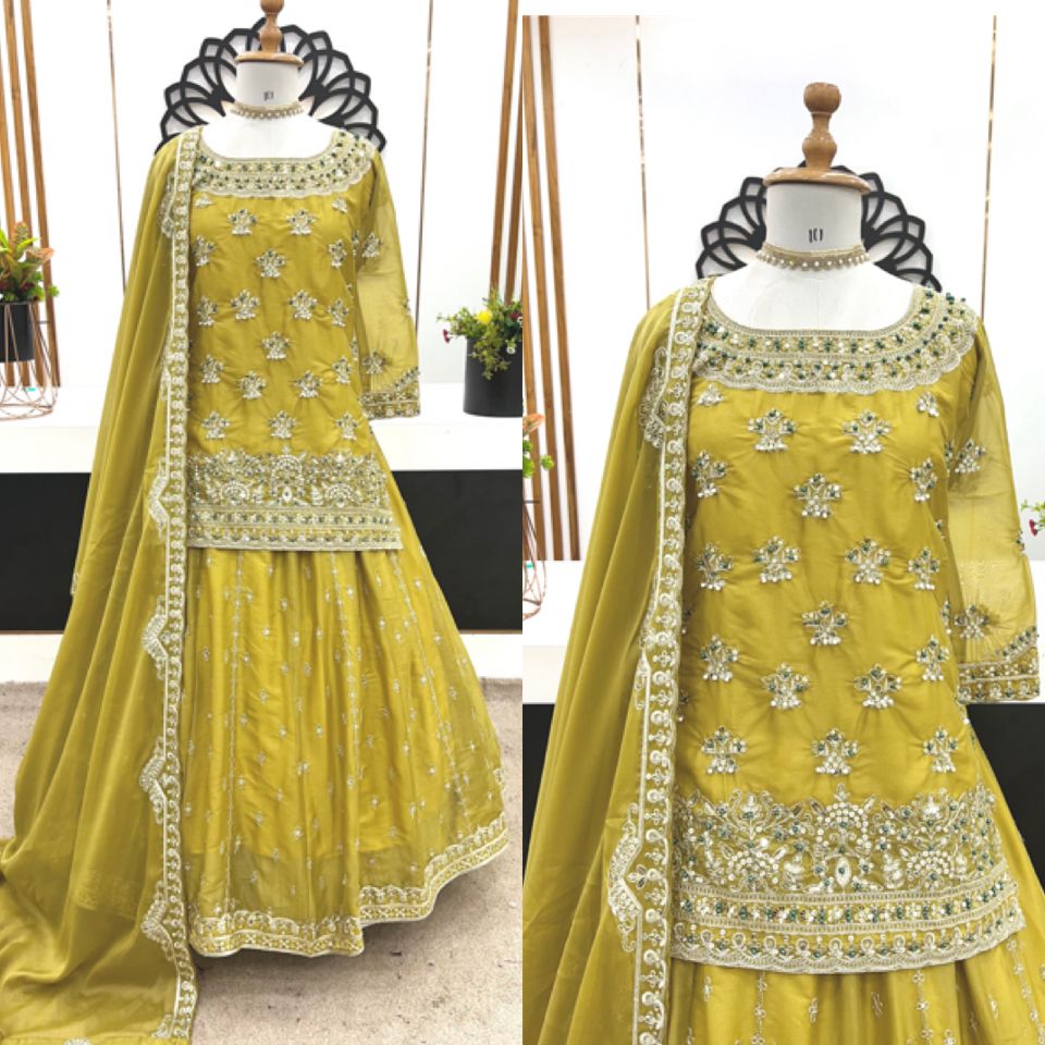 Georgette With Heavy Embroidery Sequence Work and Heavy Moti Handwork With Sleeves