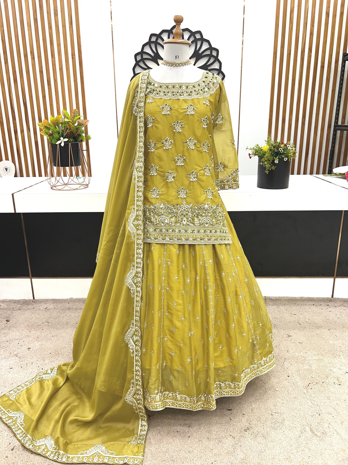 Georgette With Heavy Embroidery Sequence Work and Heavy Moti Handwork With Sleeves