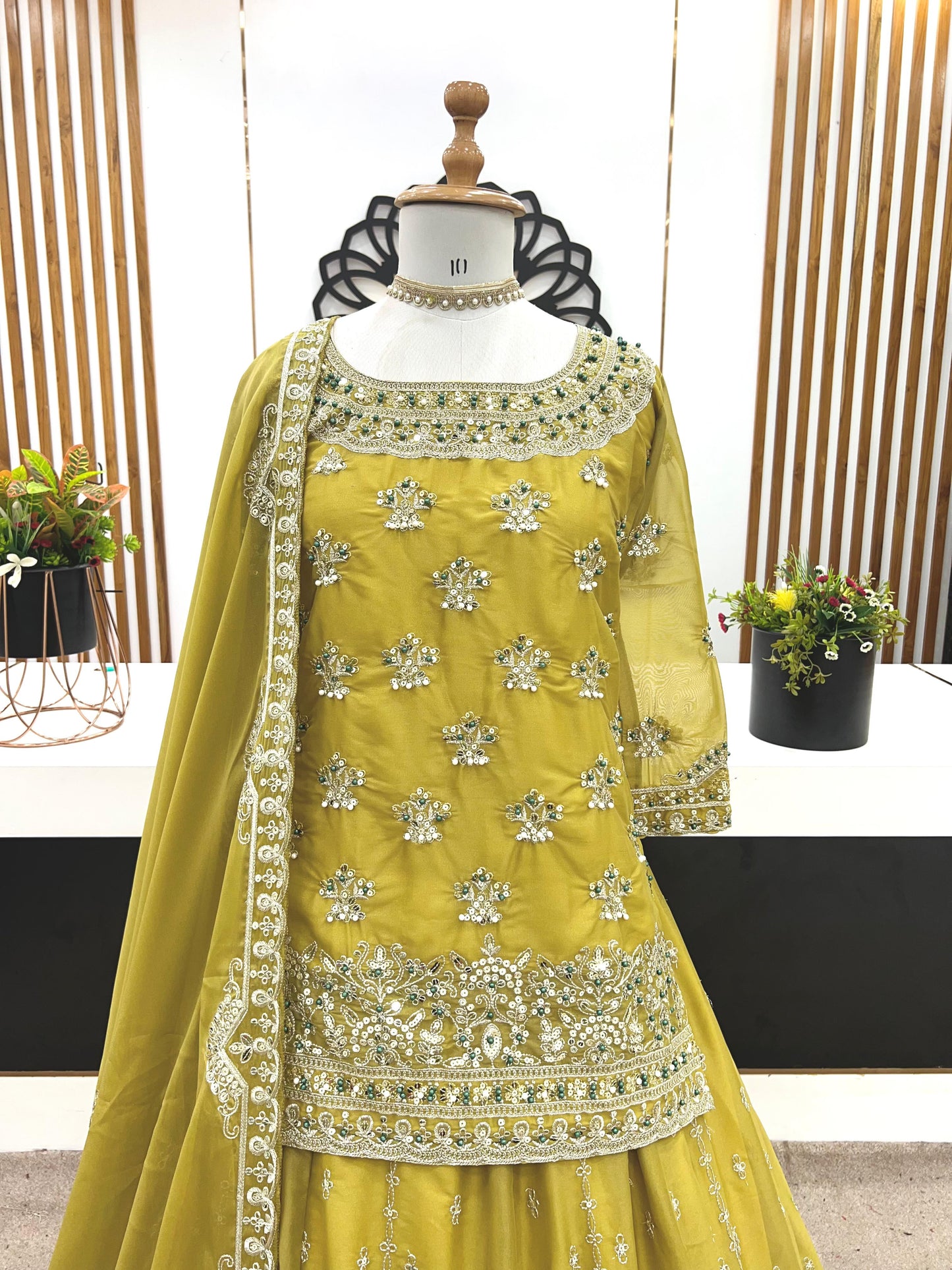 Georgette With Heavy Embroidery Sequence Work and Heavy Moti Handwork With Sleeves