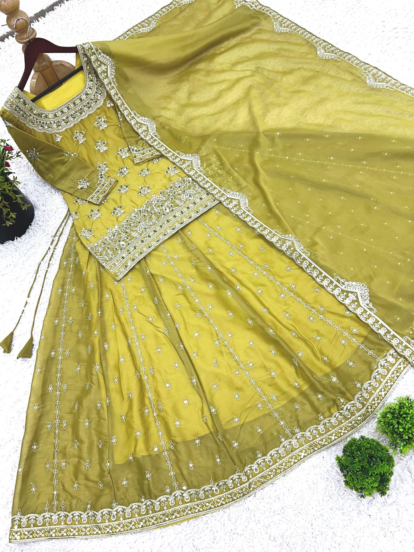 Georgette With Heavy Embroidery Sequence Work and Heavy Moti Handwork With Sleeves