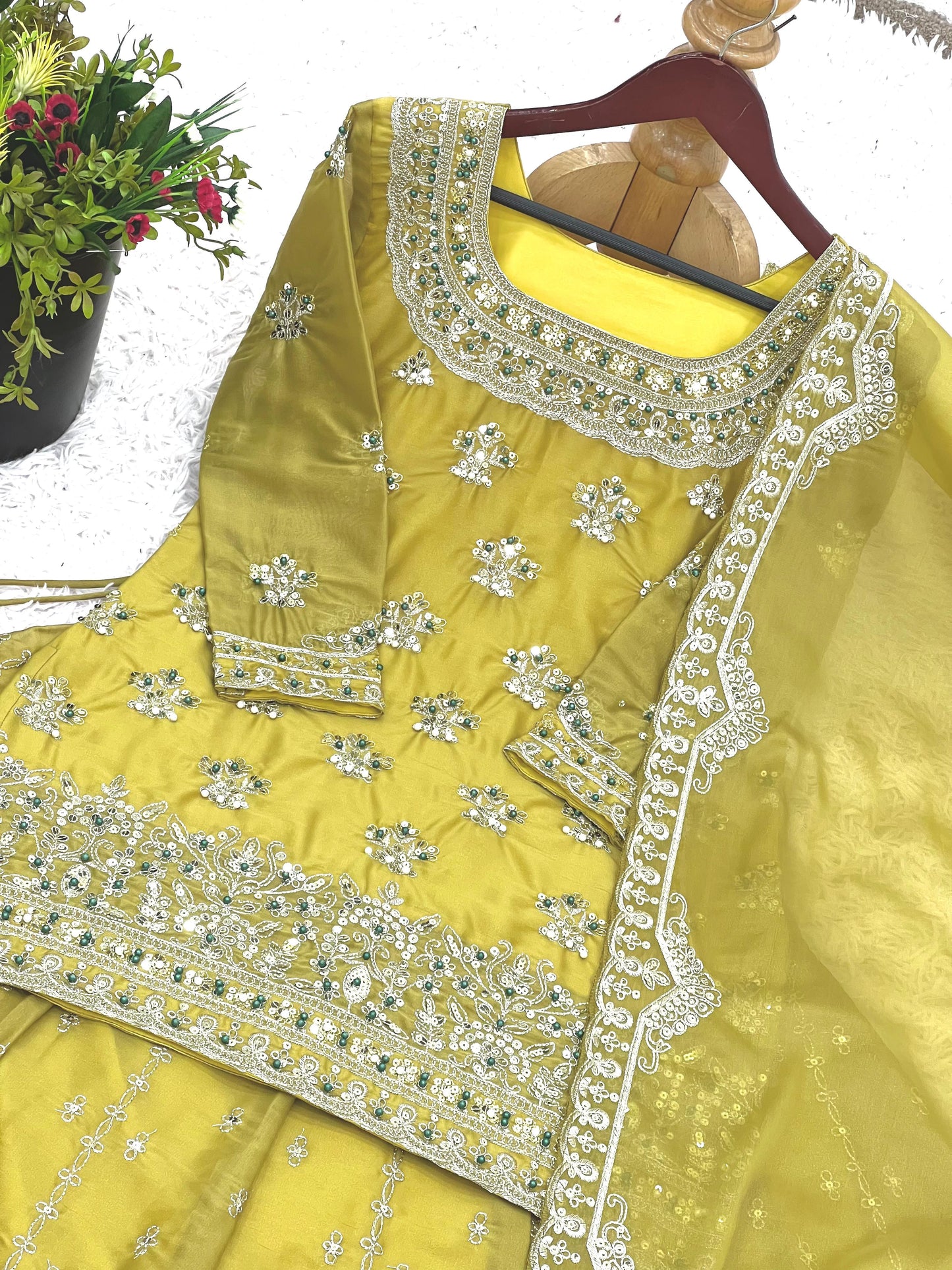 Georgette With Heavy Embroidery Sequence Work and Heavy Moti Handwork With Sleeves
