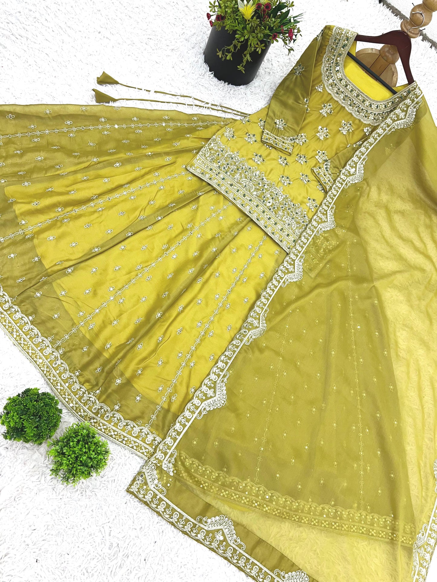 Georgette With Heavy Embroidery Sequence Work and Heavy Moti Handwork With Sleeves