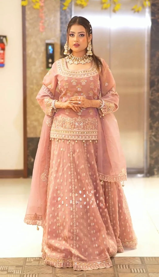 Georgette With Heavy Embroidery Sequence Work and Heavy Moti Handwork With Sleeves