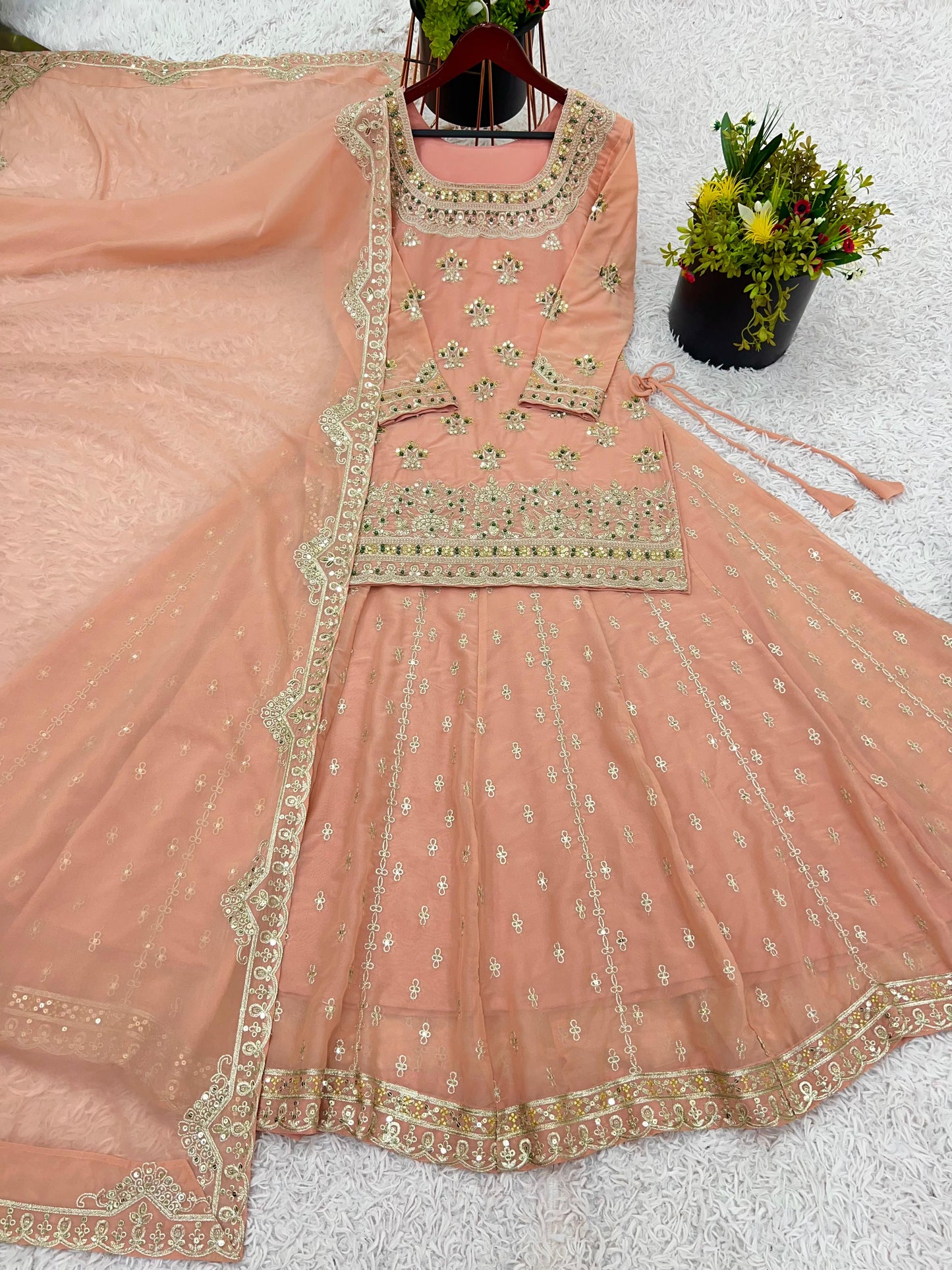 Georgette With Heavy Embroidery Sequence Work and Heavy Moti Handwork With Sleeves