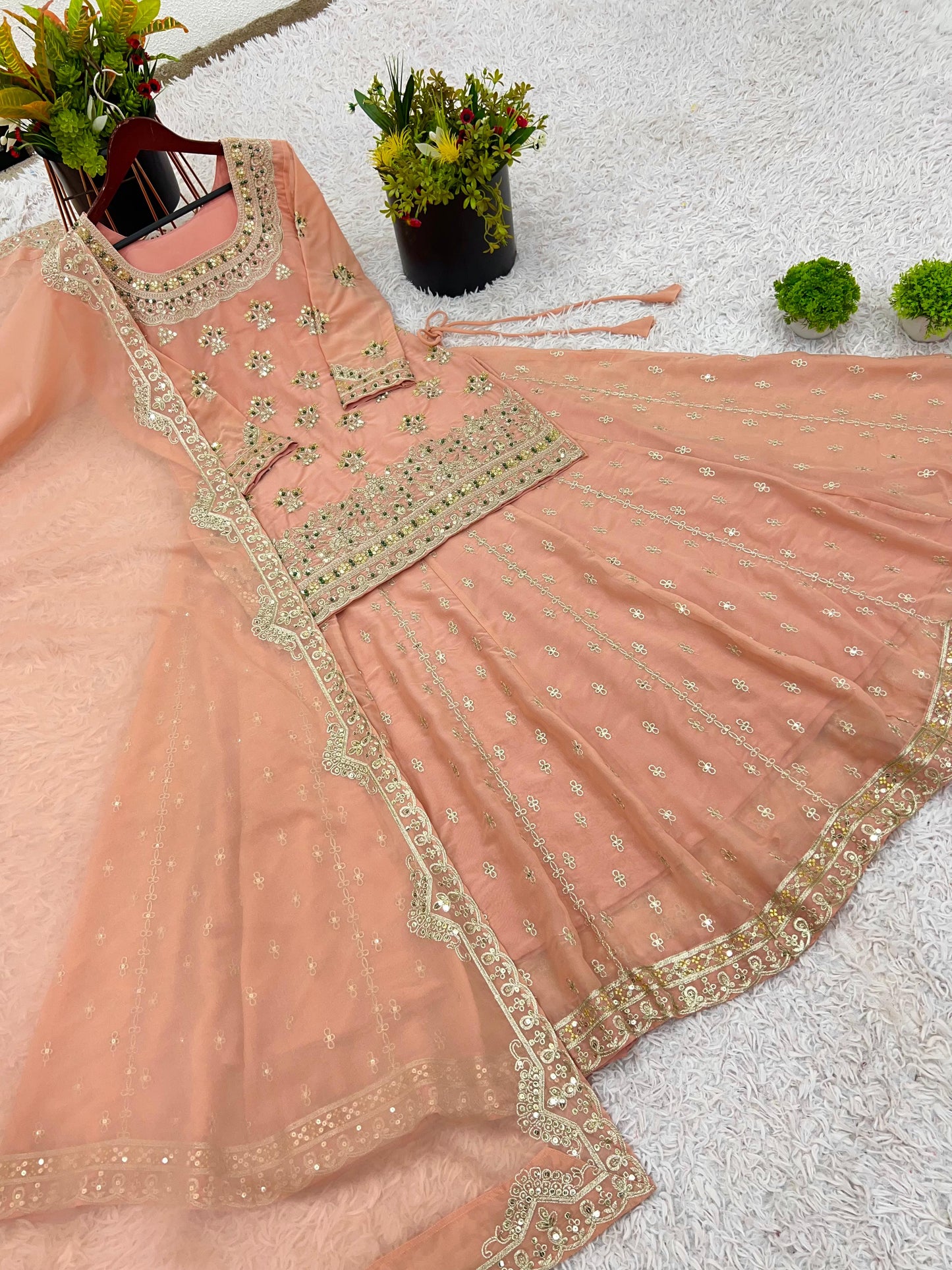 Georgette With Heavy Embroidery Sequence Work and Heavy Moti Handwork With Sleeves