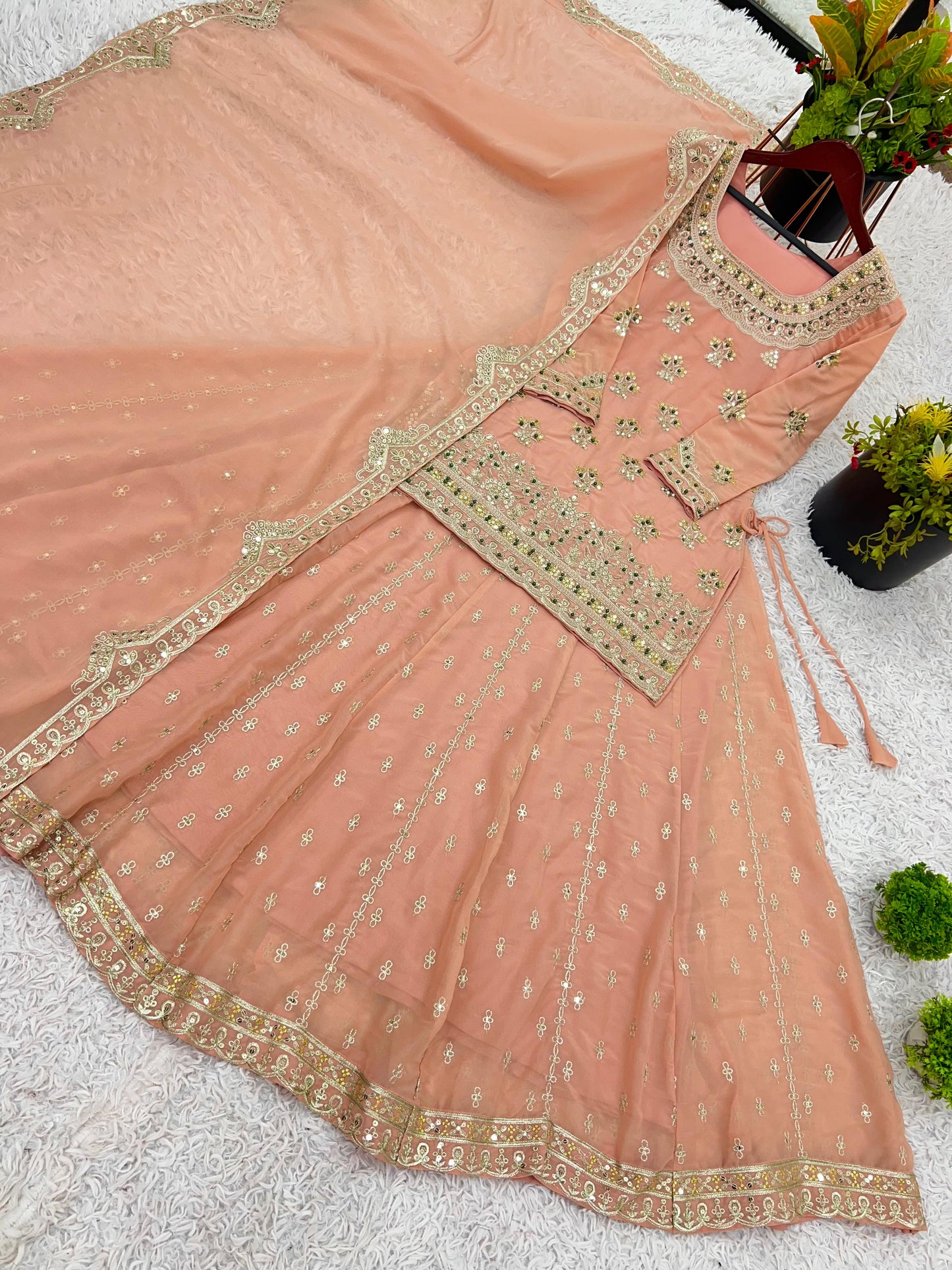 Georgette With Heavy Embroidery Sequence Work and Heavy Moti Handwork With Sleeves