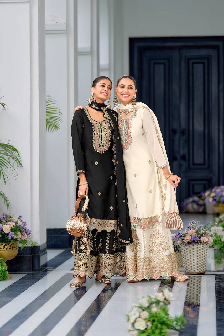 Heavy Chinon Silk With Multi Thread Embroidery Sequence work  Sharara  Set