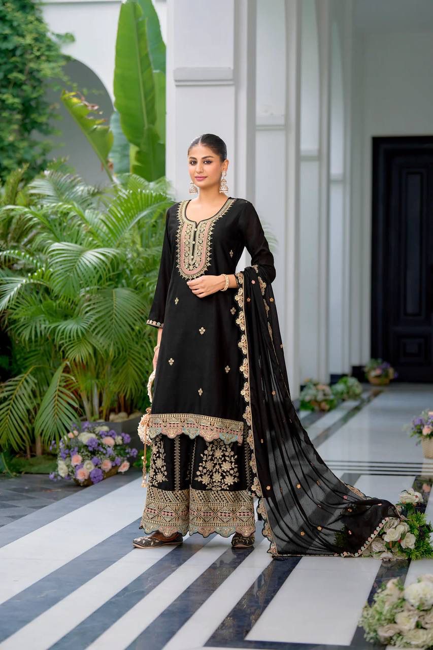 Heavy Chinon Silk With Multi Thread Embroidery Sequence work  Sharara  Set