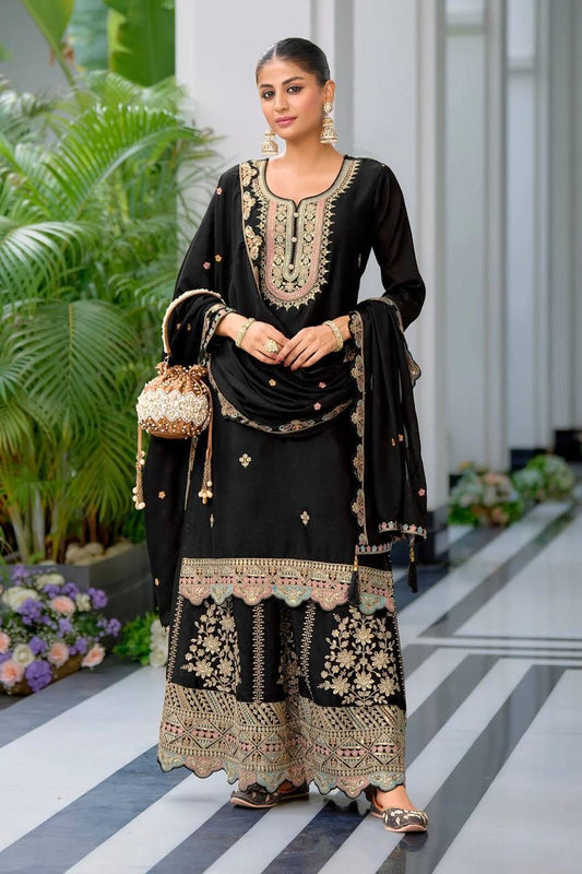 Heavy Chinon Silk With Multi Thread Embroidery Sequence work  Sharara  Set