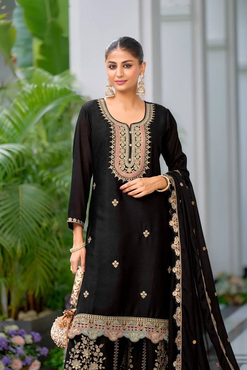 Heavy Chinon Silk With Multi Thread Embroidery Sequence work  Sharara  Set
