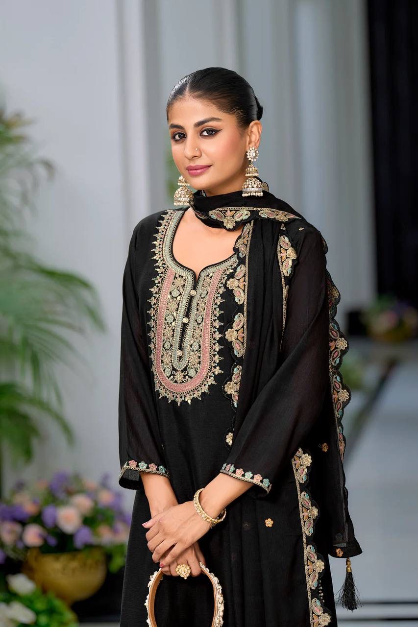 Heavy Chinon Silk With Multi Thread Embroidery Sequence work  Sharara  Set