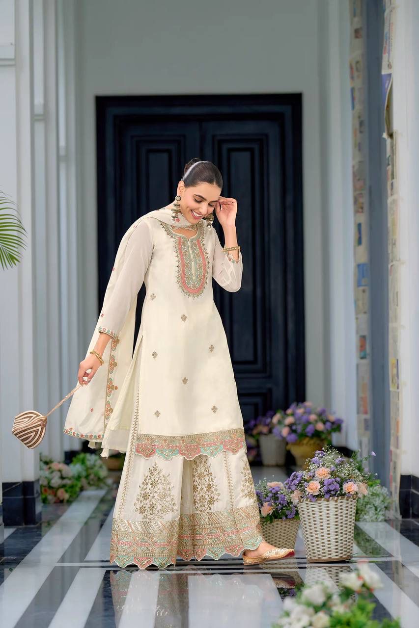 Heavy Chinon Silk With Multi Thread Embroidery Sequence work  Sharara  Set