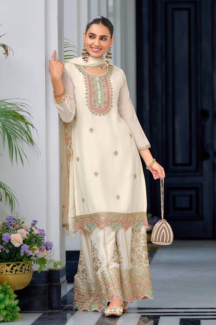 Heavy Chinon Silk With Multi Thread Embroidery Sequence work  Sharara  Set