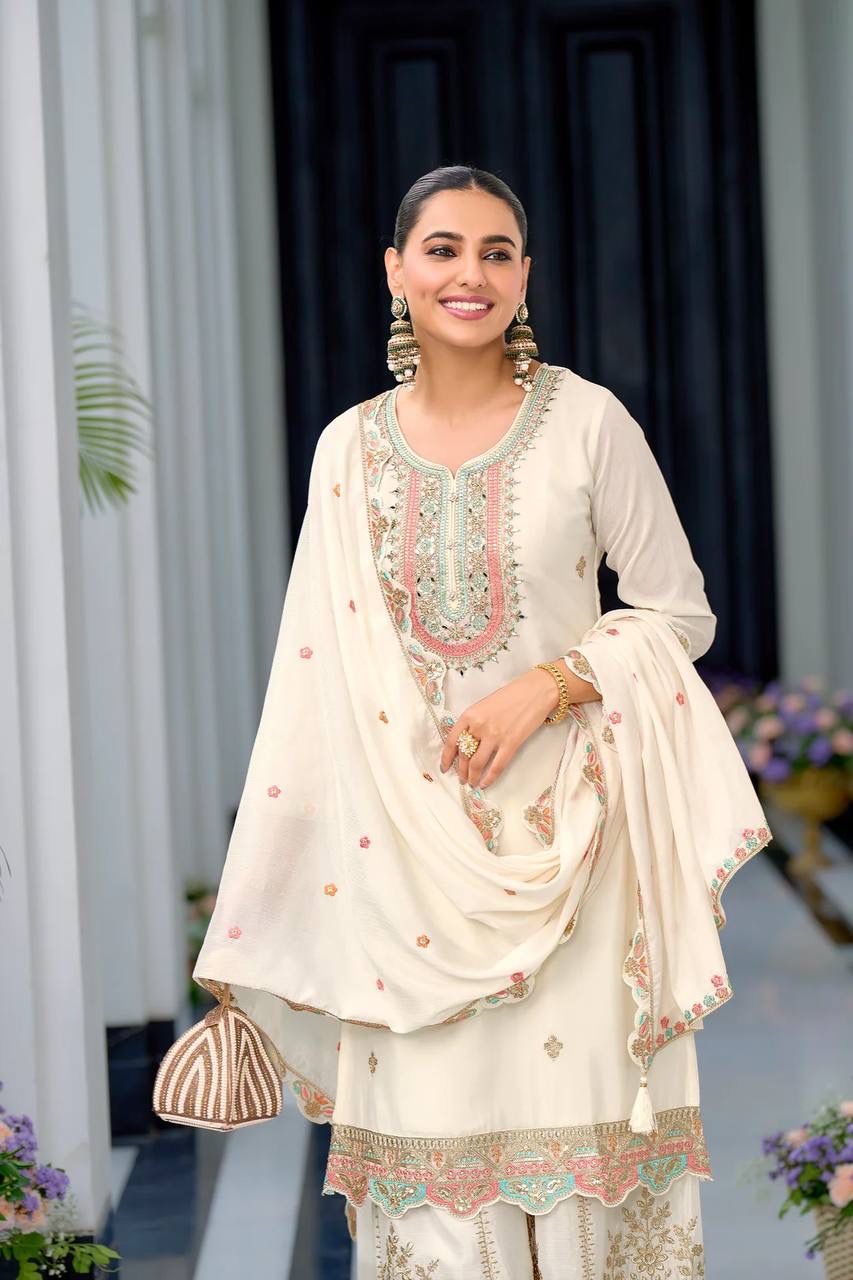 Heavy Chinon Silk With Multi Thread Embroidery Sequence work  Sharara  Set
