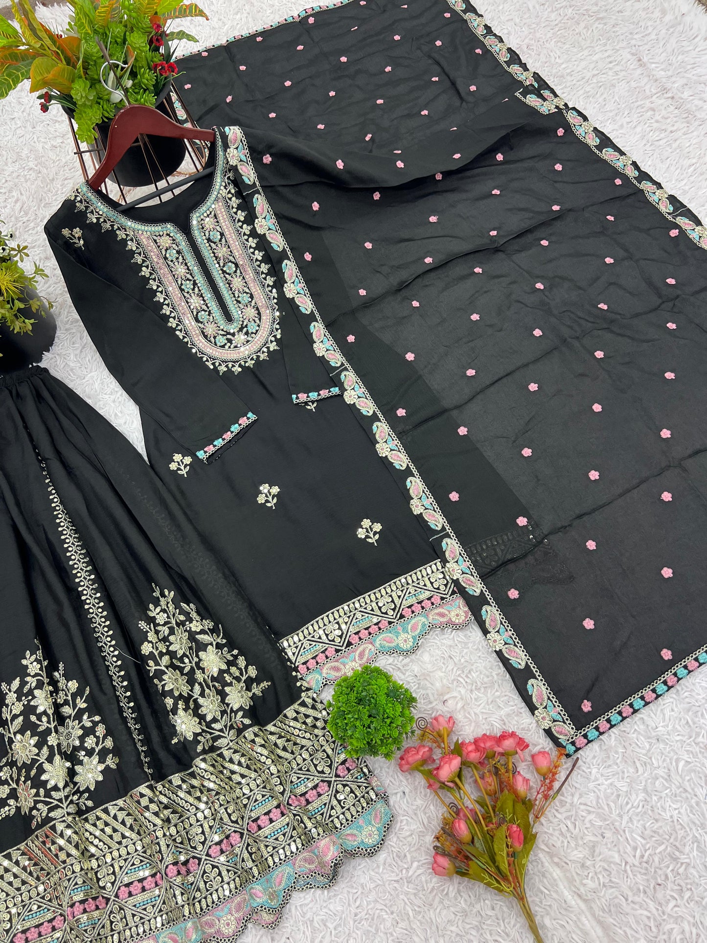 Heavy Chinon Silk With Multi Thread Embroidery Sequence work  Sharara  Set