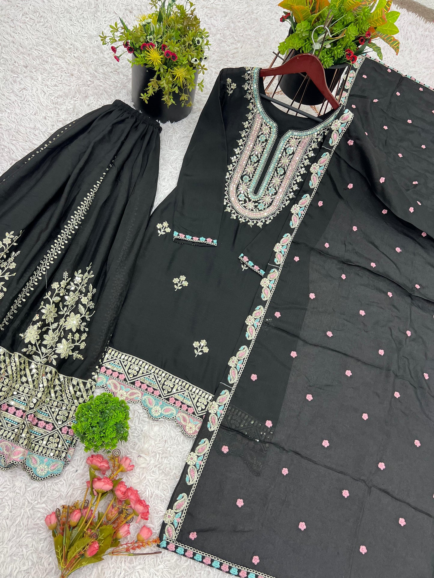 Heavy Chinon Silk With Multi Thread Embroidery Sequence work  Sharara  Set