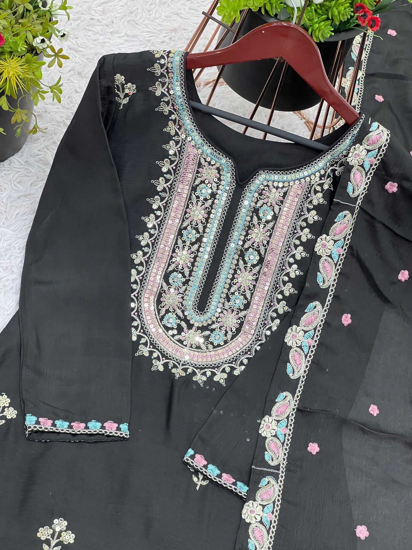 Heavy Chinon Silk With Multi Thread Embroidery Sequence work  Sharara  Set