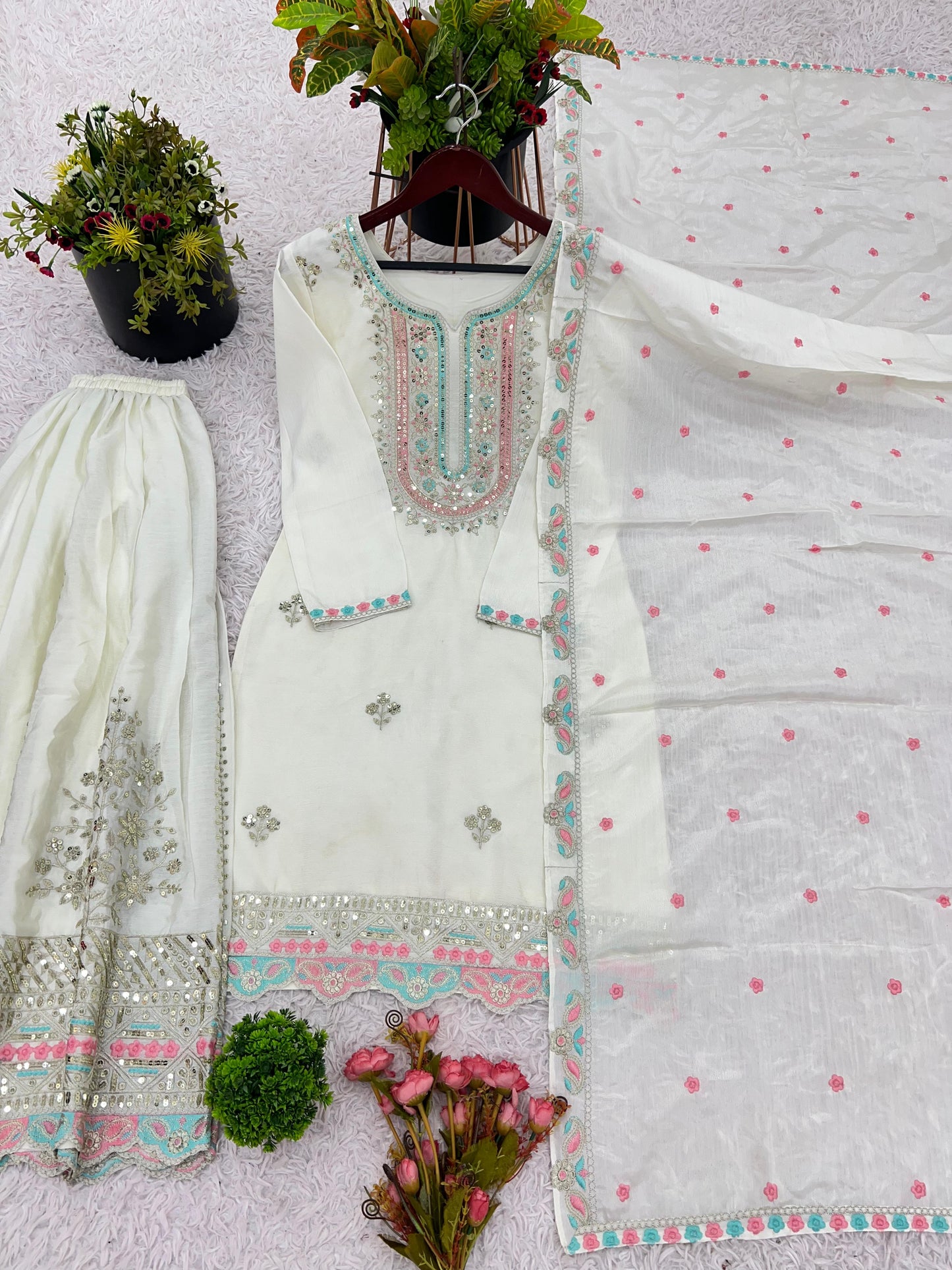 Heavy Chinon Silk With Multi Thread Embroidery Sequence work  Sharara  Set
