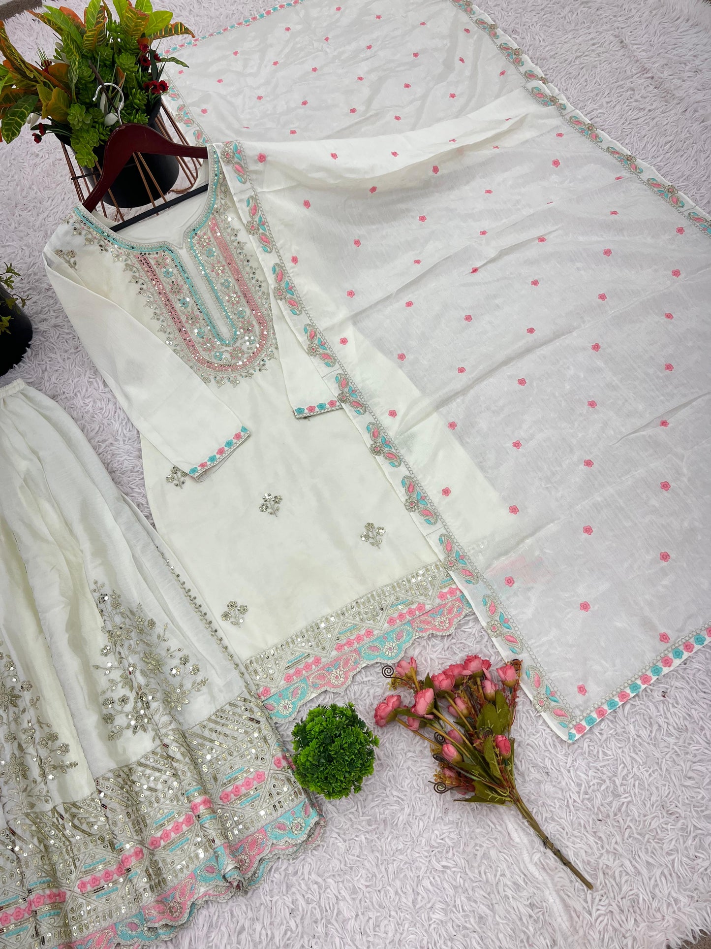 Heavy Chinon Silk With Multi Thread Embroidery Sequence work  Sharara  Set