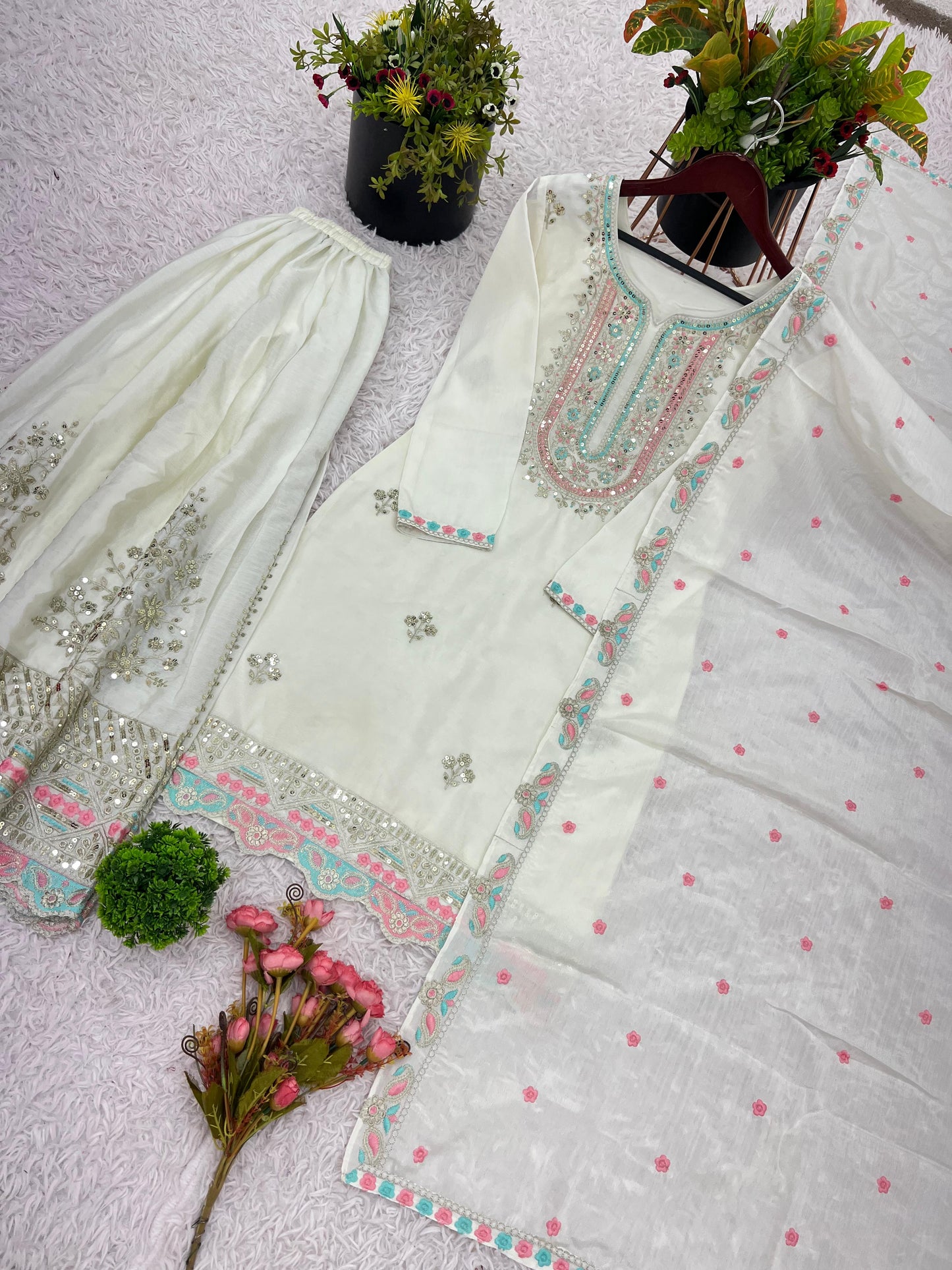 Heavy Chinon Silk With Multi Thread Embroidery Sequence work  Sharara  Set
