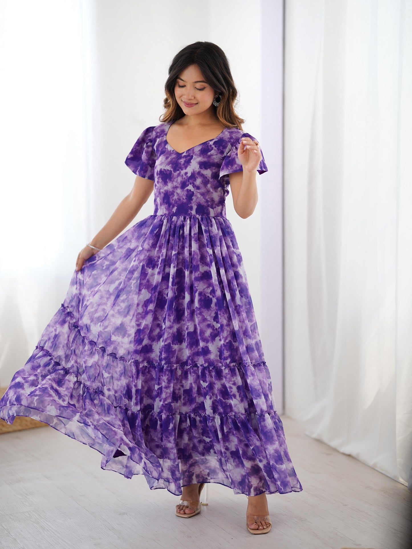 Fancy Georgette Pirnted With Double Frill Pattrens Work One Piece Gown