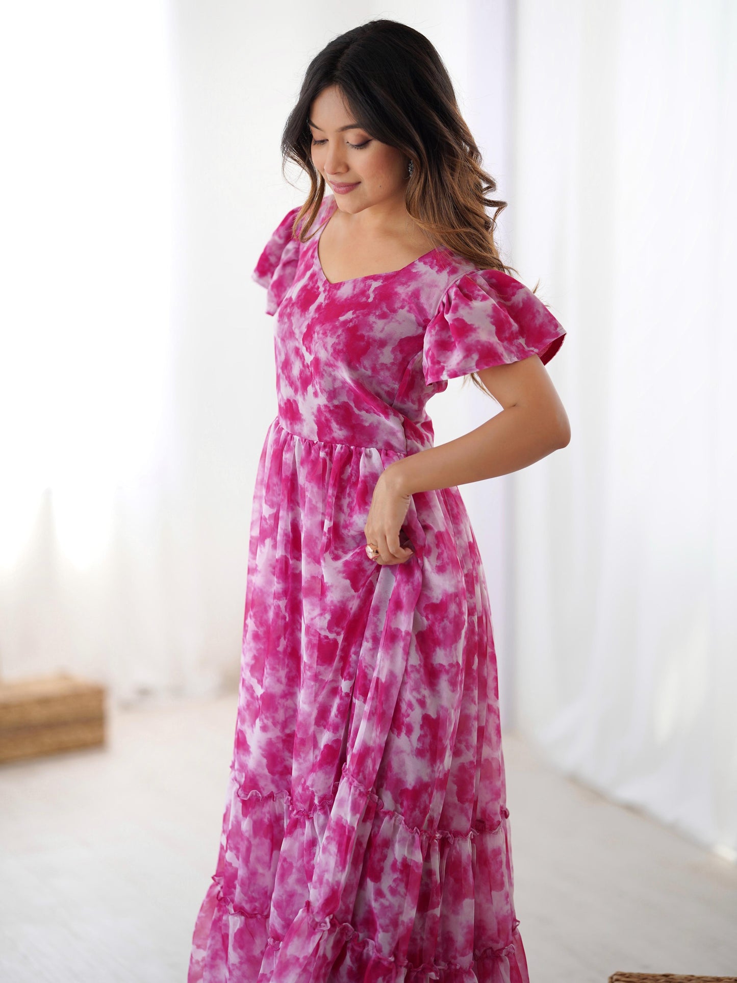 Fancy Georgette Pirnted With Double Frill Pattrens Work One Piece Gown