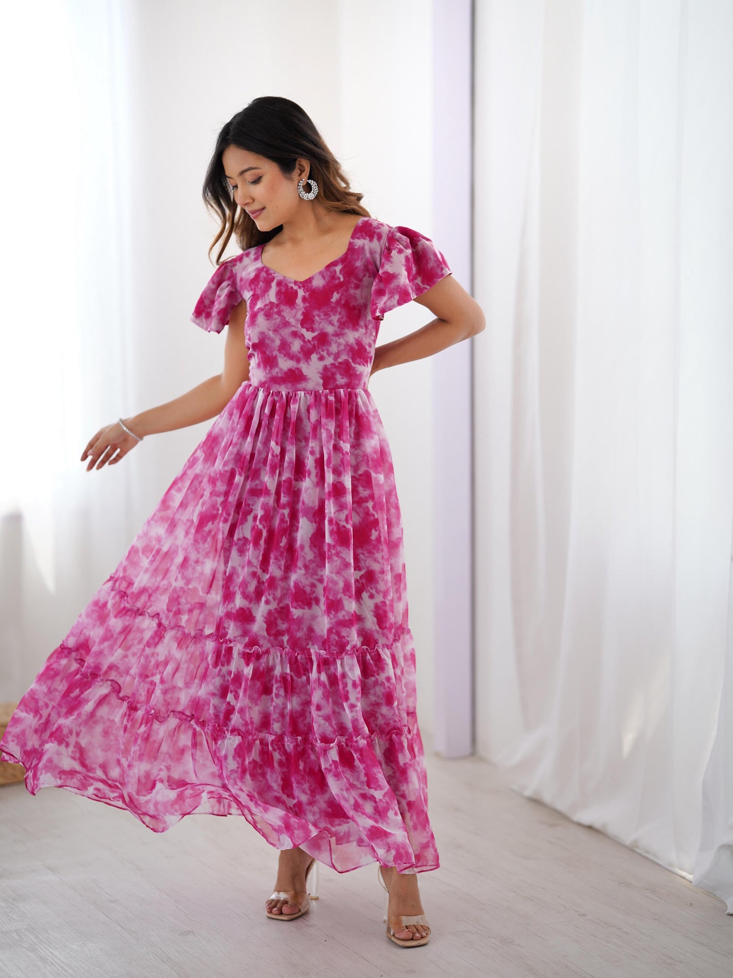 Fancy Georgette Pirnted With Double Frill Pattrens Work One Piece Gown
