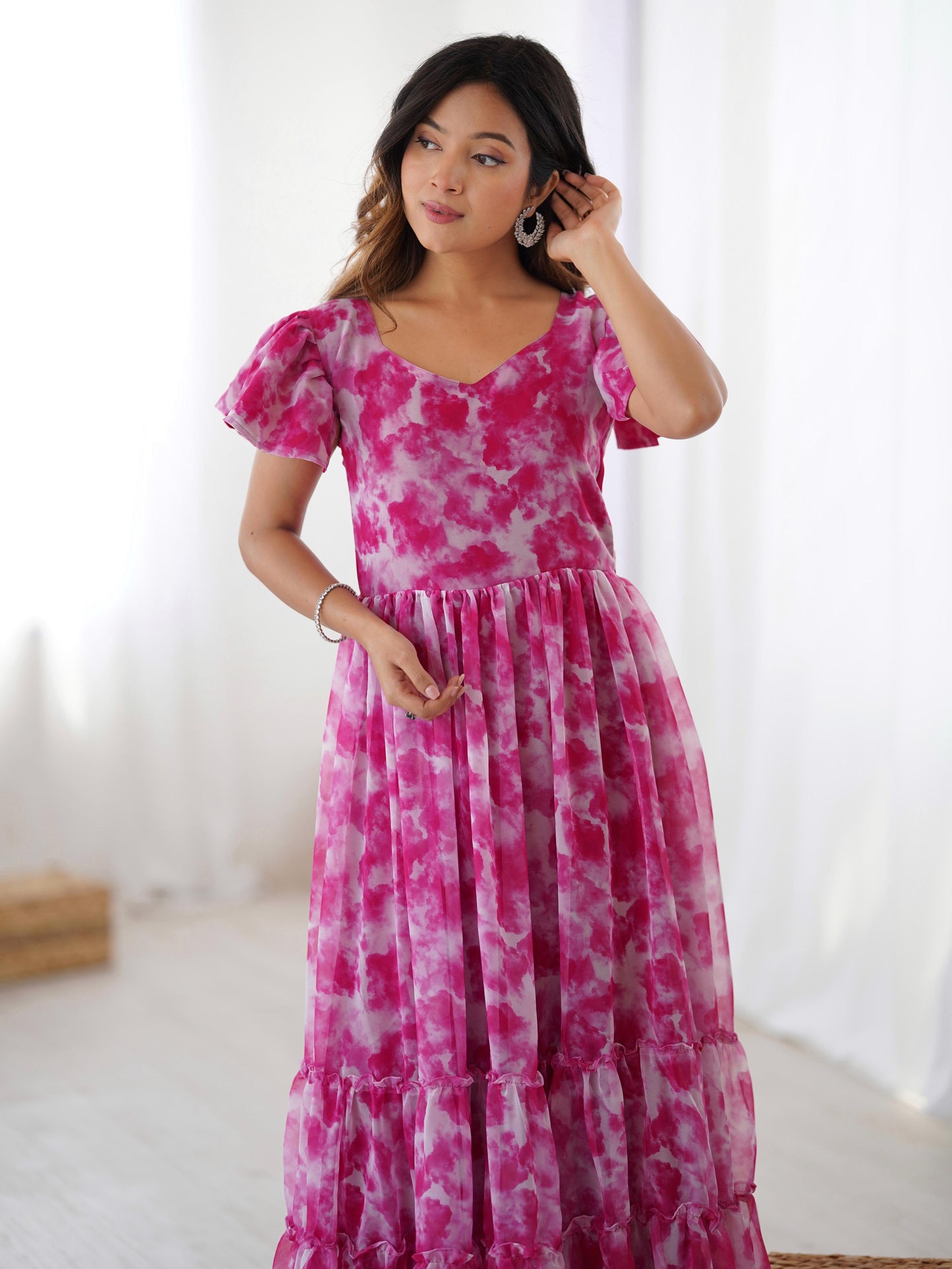 Fancy Georgette Pirnted With Double Frill Pattrens Work One Piece Gown