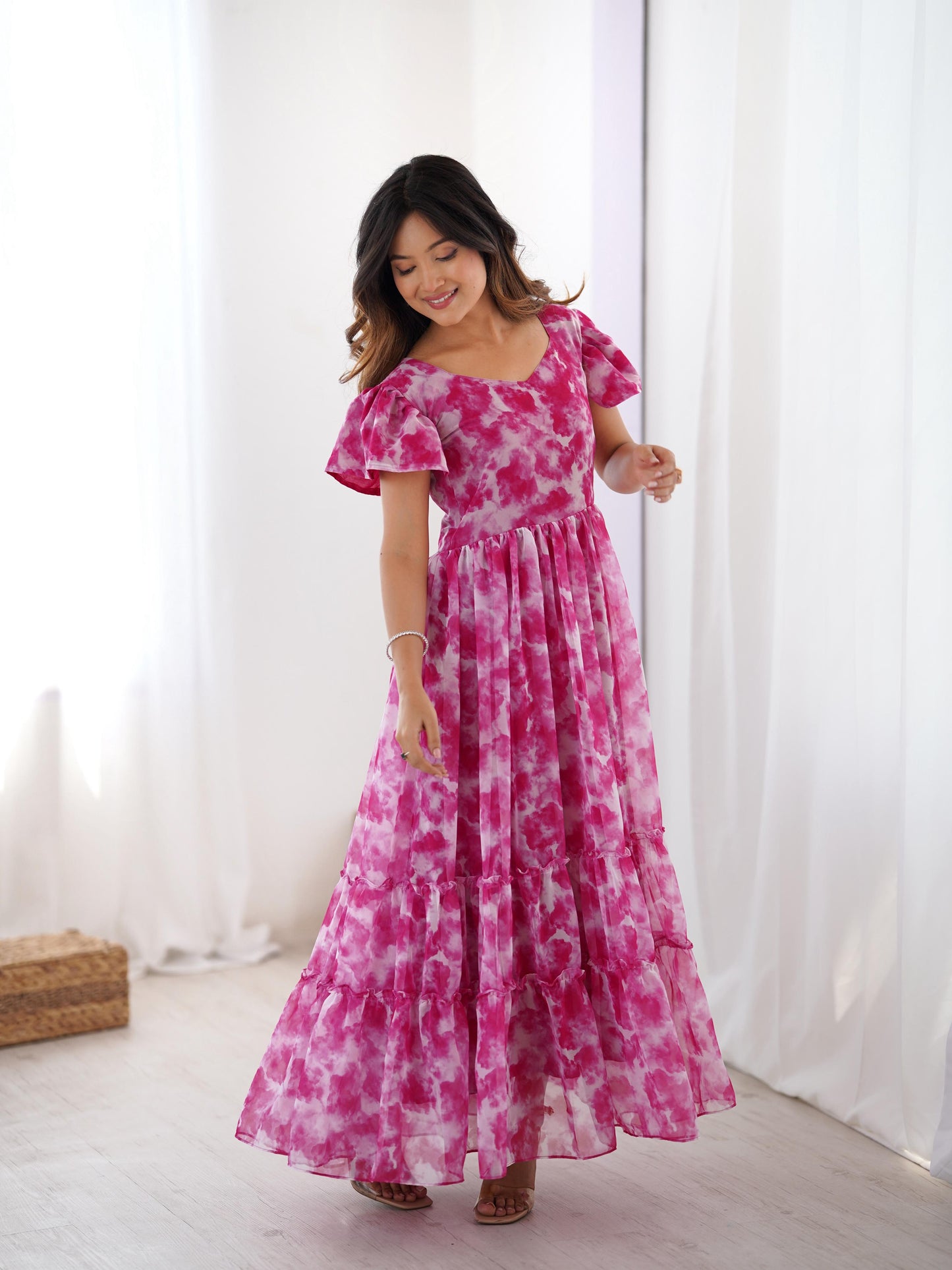 Fancy Georgette Pirnted With Double Frill Pattrens Work One Piece Gown
